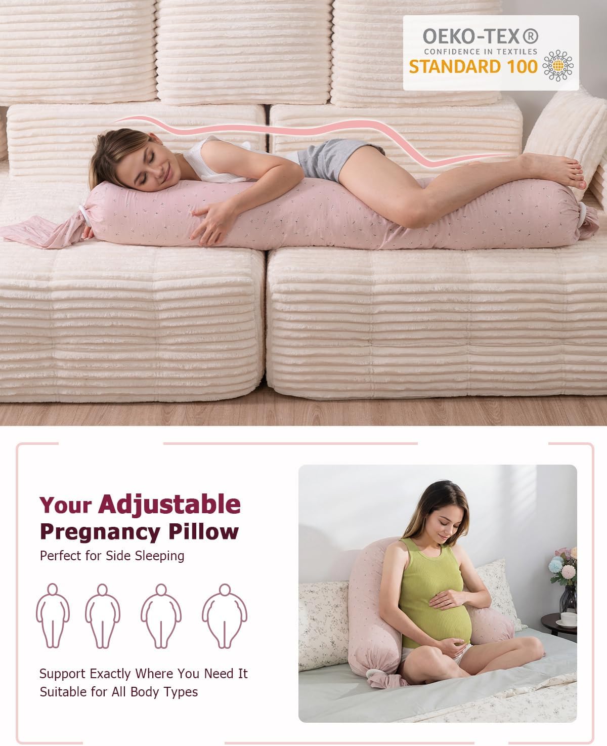 Full Body Pillow for Adults,55 Inch Long Bed Pillow, Candy Round Hugging Bolster, Firm Support for Side Sleepers, Adjustable Height with Washable Cotton Pillowcase, Pink