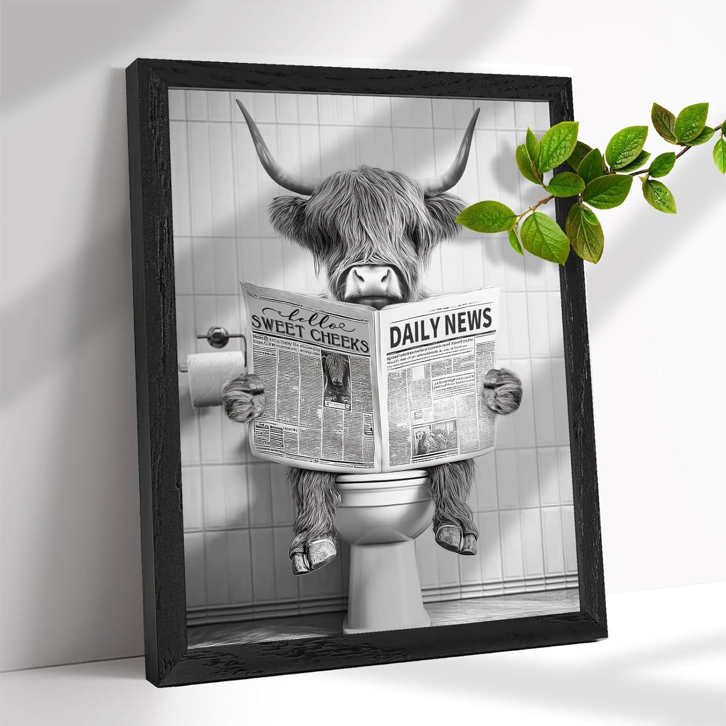 Ewozet Black and White Animal Framed Canvas Art Collection, Funny Bathroom & Home Wall Decor (Highland Cow Reading on the Toilet, 12x16 Inch)