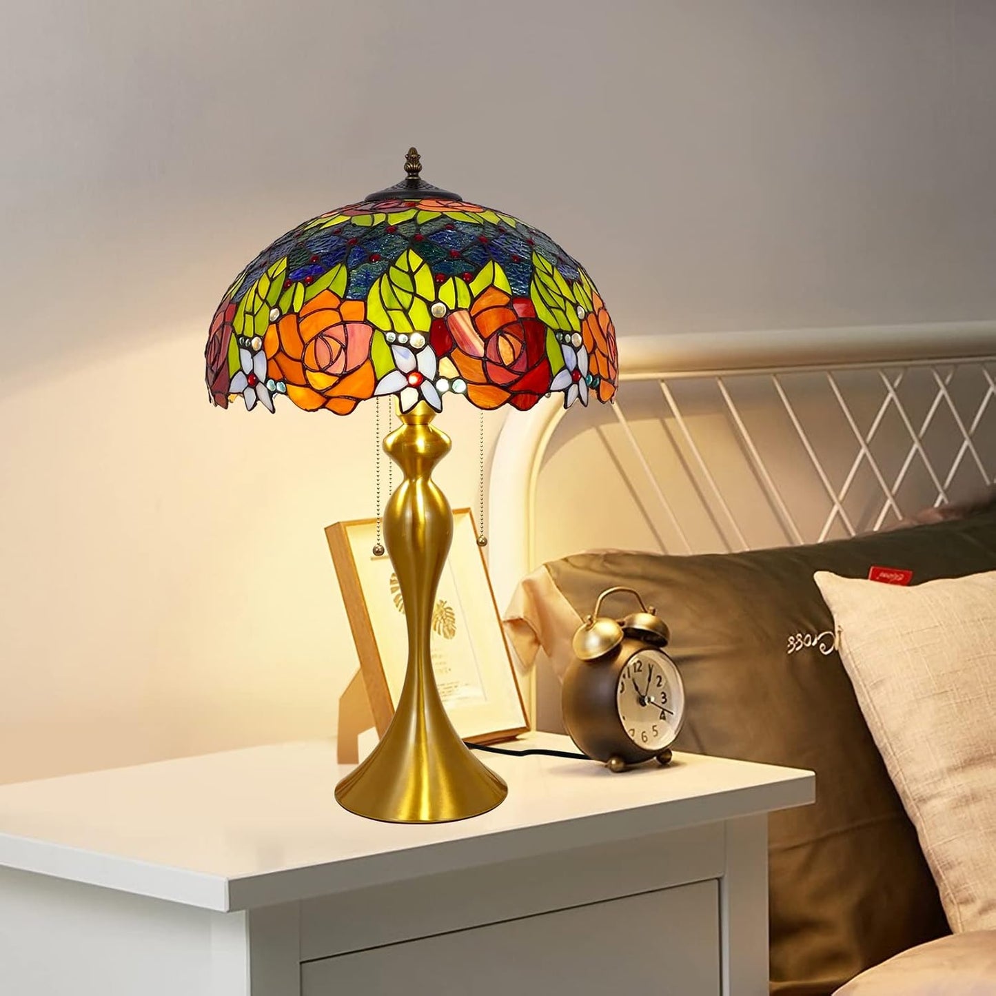 Tiffany Table Lamp Handmade Stained Glass Desk Lamps Gifts Iron Art Base 16" Wide 24" Tall Double Color Roses Style Vintage Reading Lamp for Office, Living Room, Bedroom, Study Room
