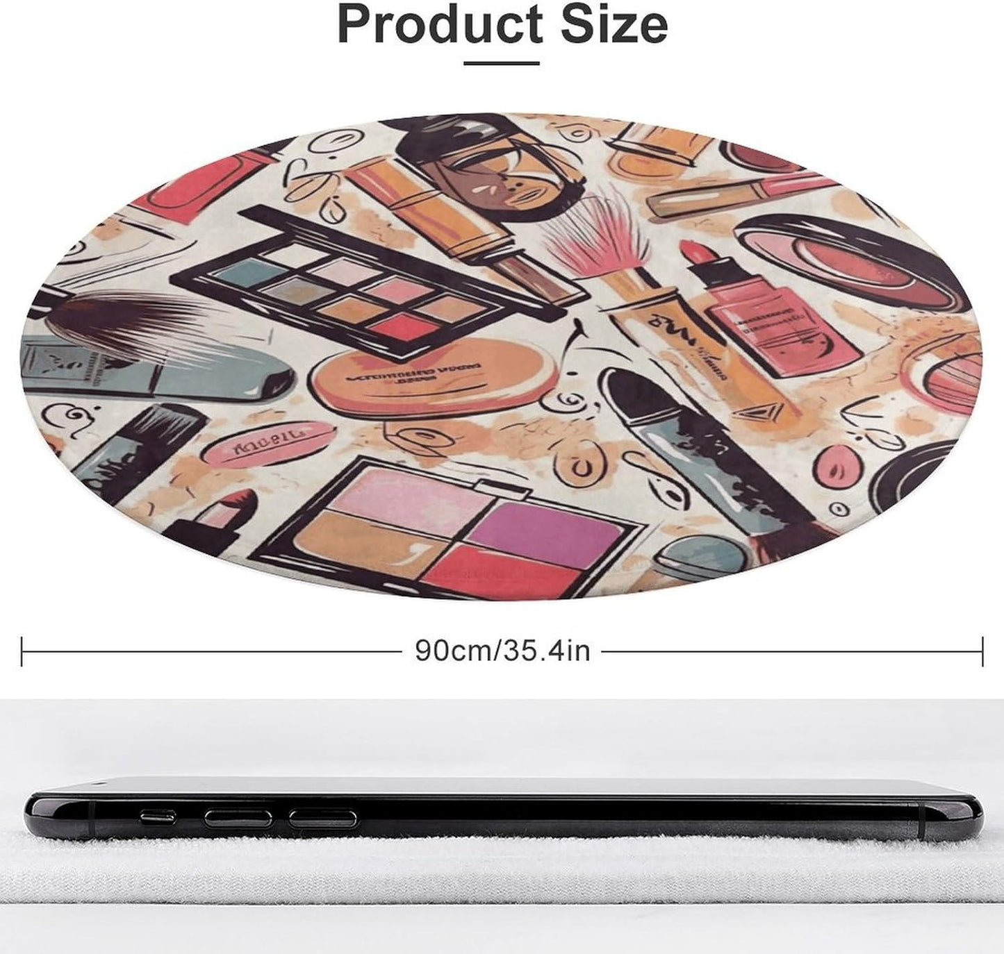 Cosmetic and Makeup Theme Pattern Circle Rug Retro Luxury Coral Velvet Floor Mat Non Slip Soft Indoor Floor Carpet Comfy Thickened Area Rugs Modern Aesthetic Minimalist Carpets for Home Decor
