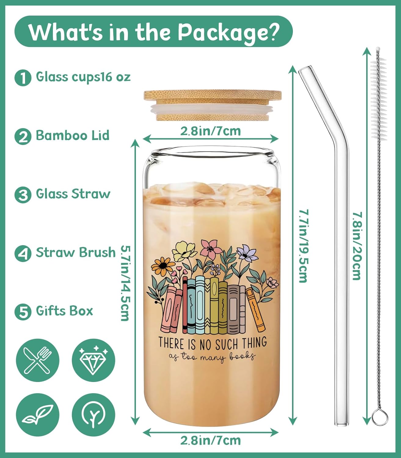 Book Lovers Gifts,Mothers Day Reading Accessories Coffee Tumbler Book Women,Readers,Bookworm Coffee Tumbler,Gifts for Birthday Christmas,16 oz Cute Glass Cups with Lids and Straws