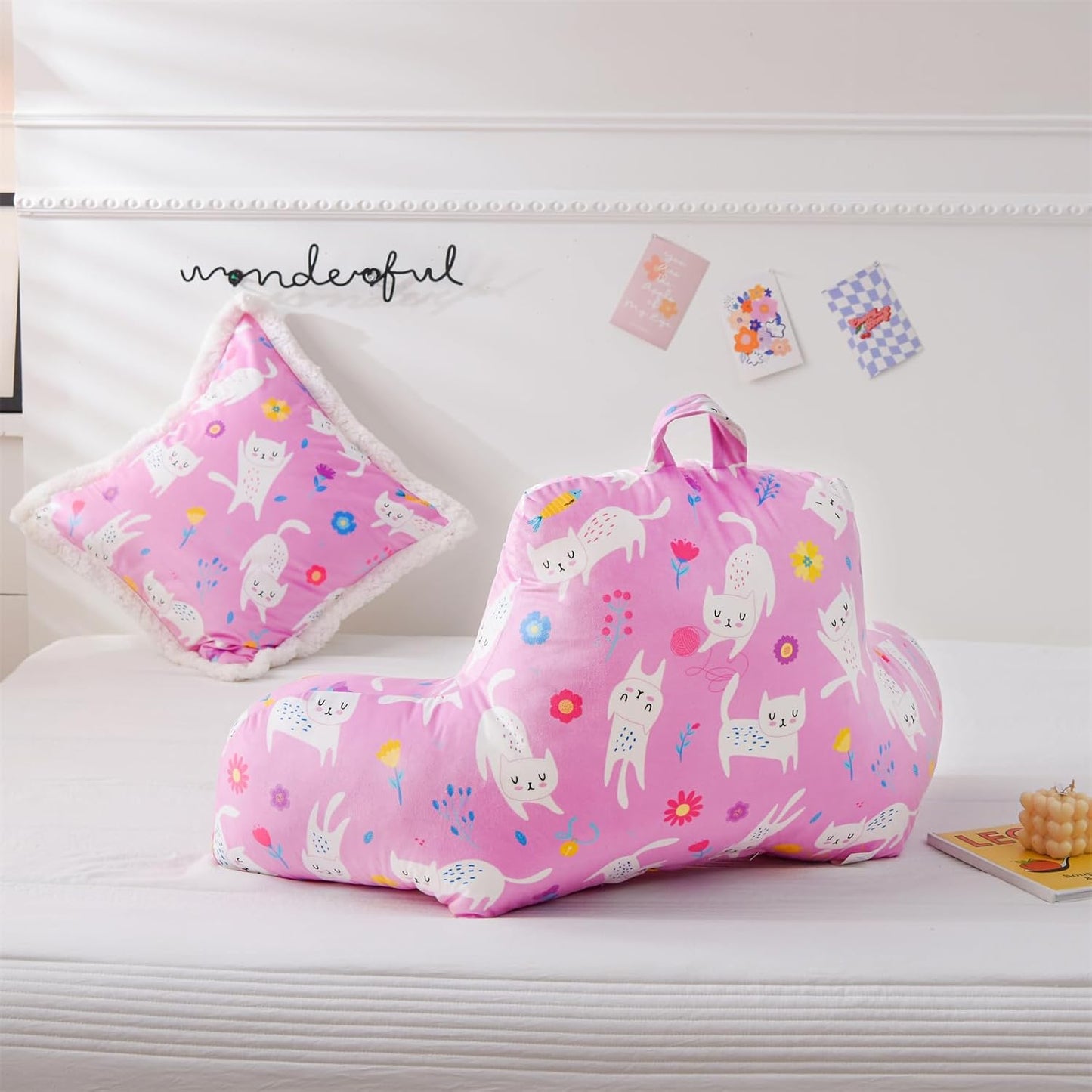 Aimuan Pink Cat Reading Pillow Bed Rest Wedge Backrest Pillow with Arms Back Support for Sitting Up in Bed Cushion Incline Rest Sleeping Snoring Pillow (Pink-cat)