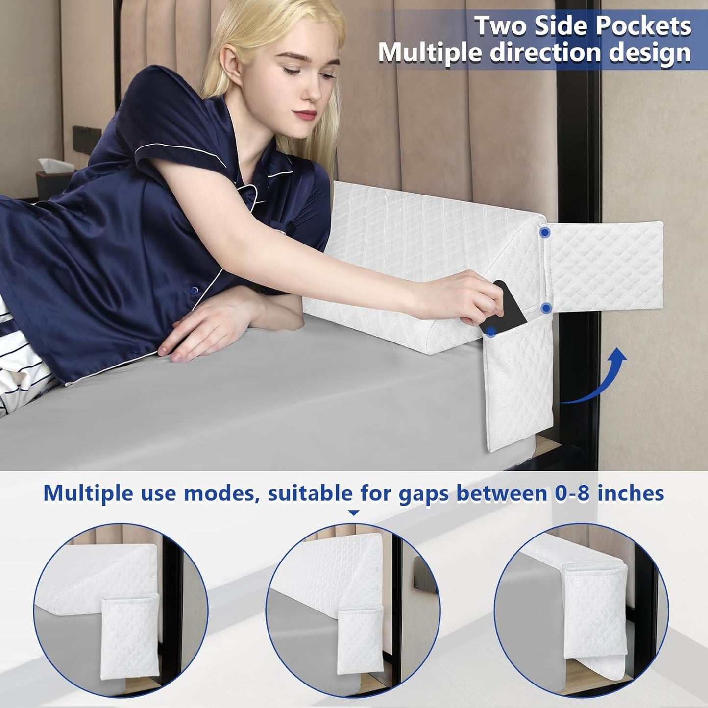 Kayfia King Size Bed Wedge Pillow for Headboard Bed Gap Filler with Pocket Close Gap (0-8") Prevent Pillow Loss Triangle Foam Mattress Filler for Gap Between Wall and Mattress (White, 76"x10"x6")