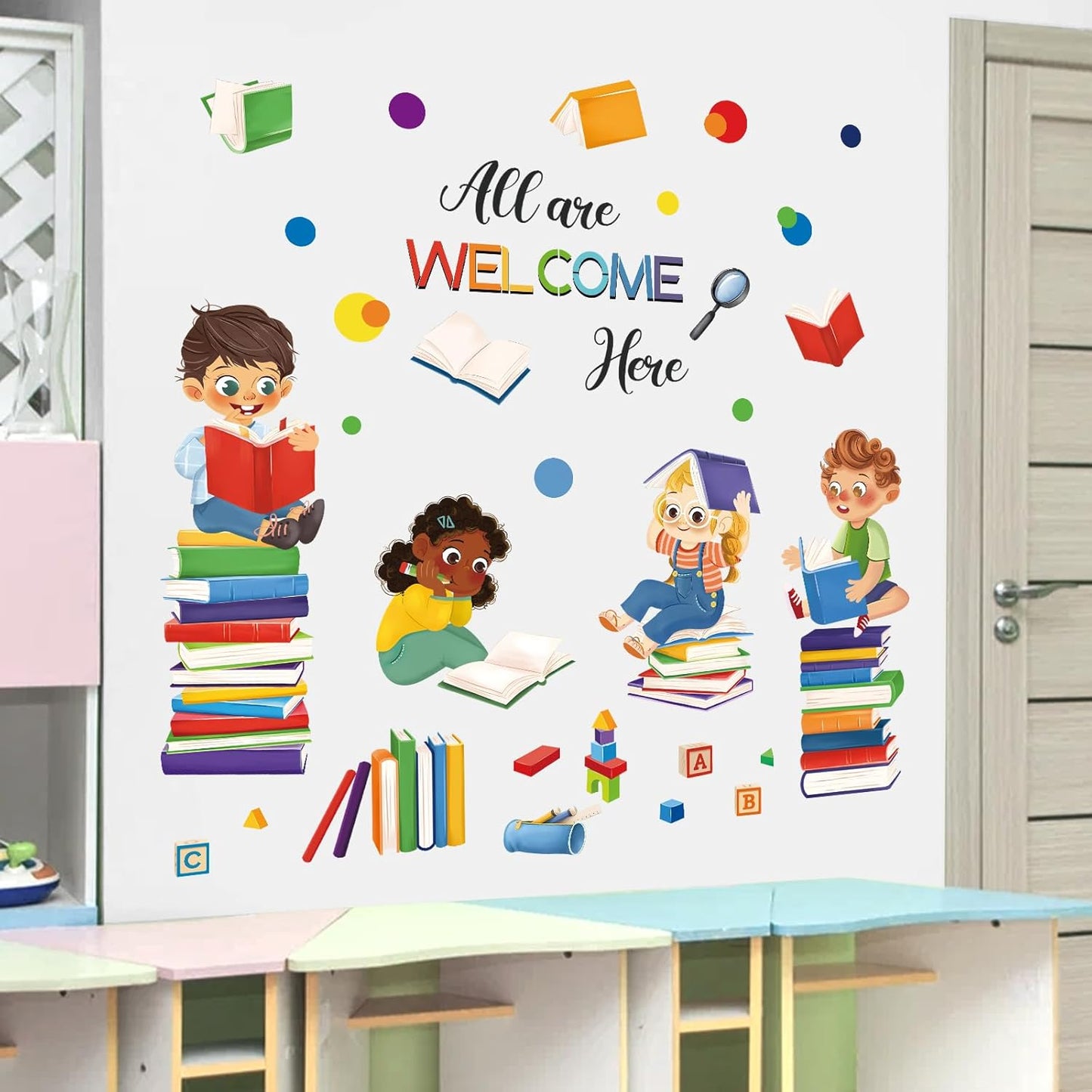 wondever Reading Corner Wall Decals Equality Kids Inspirational Quotes All are Welcome Here Peel and Stick Wall Art Stickers for Reading Room Classroom Kids Room