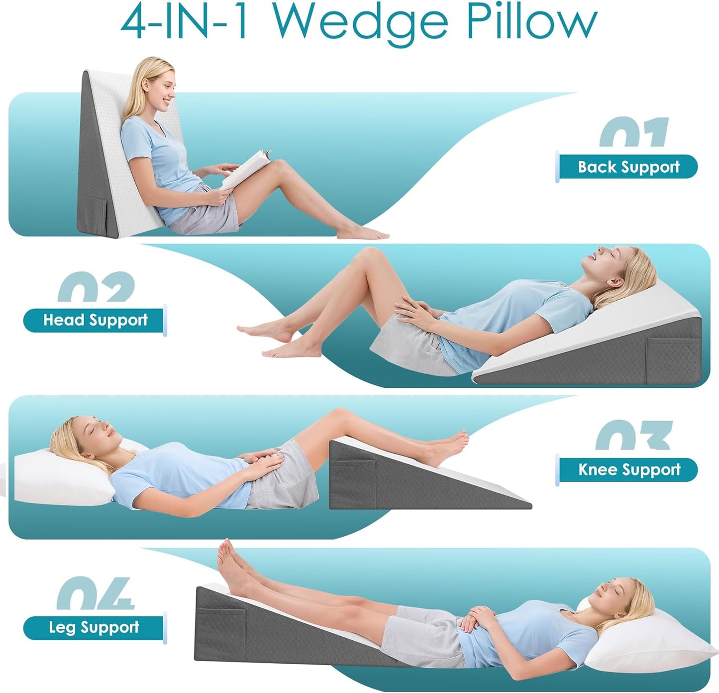 Wedge Pillow, 8 inch Bed Wedge Pillow for Sleeping & Resting, Cooling Memory Foam Incline Pillow for Adults Seniors, Back Support and Leg Elevation, Ideal for Couch, Bedroom & Living Room