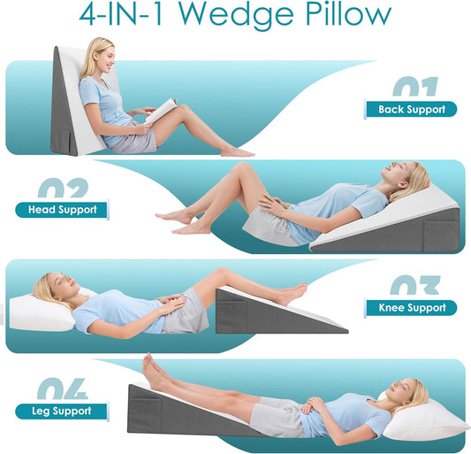 Wedge Pillow, 8 inch Bed Wedge Pillow for Sleeping & Resting, Cooling Memory Foam Incline Pillow for Adults Seniors, Back Support and Leg Elevation, Ideal for Couch, Bedroom & Living Room