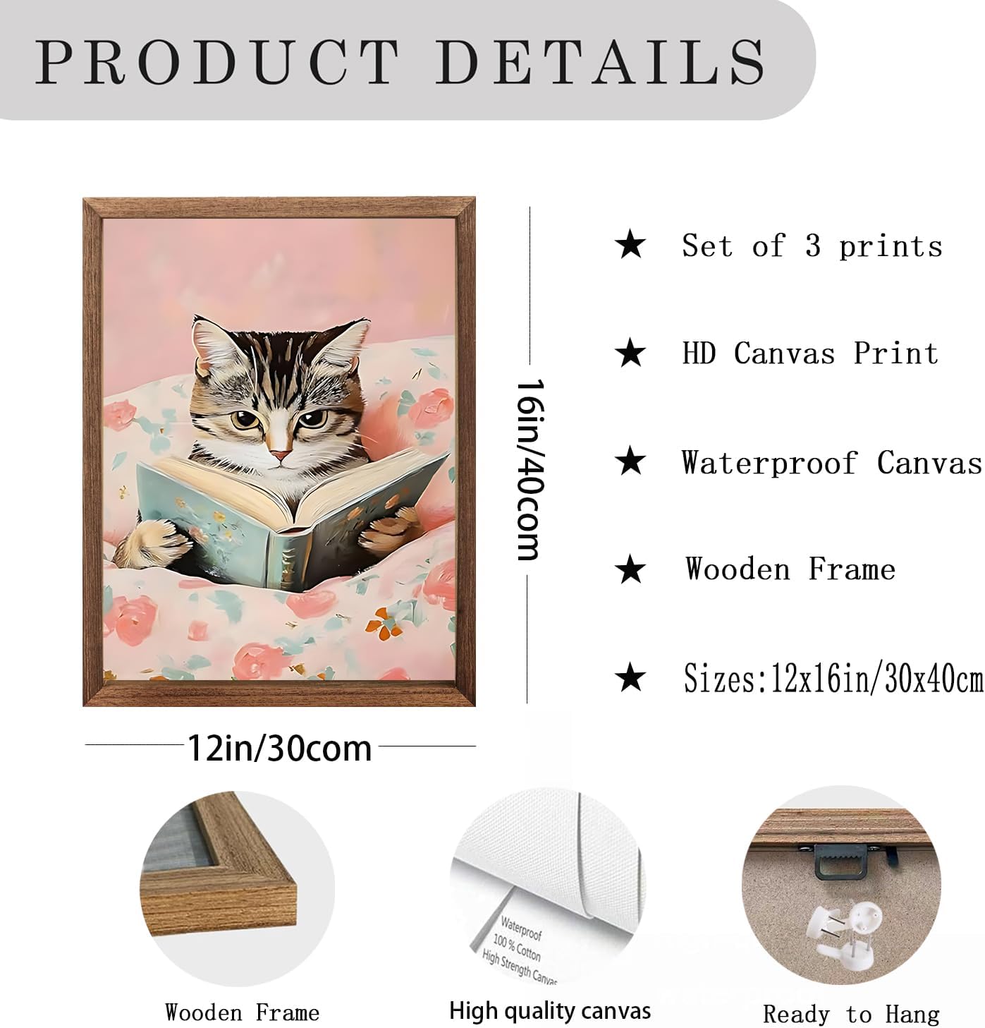 Chmylon Wall Art Set of 3,Cute Reading Cats Canvas Wall Decor, Funny Animal Book Art Prints, Pink Aesthetic Wall Artwork for Girls Room Bedroom Kids Room Living Room Bathroom Decor 12x16In Wood Framed