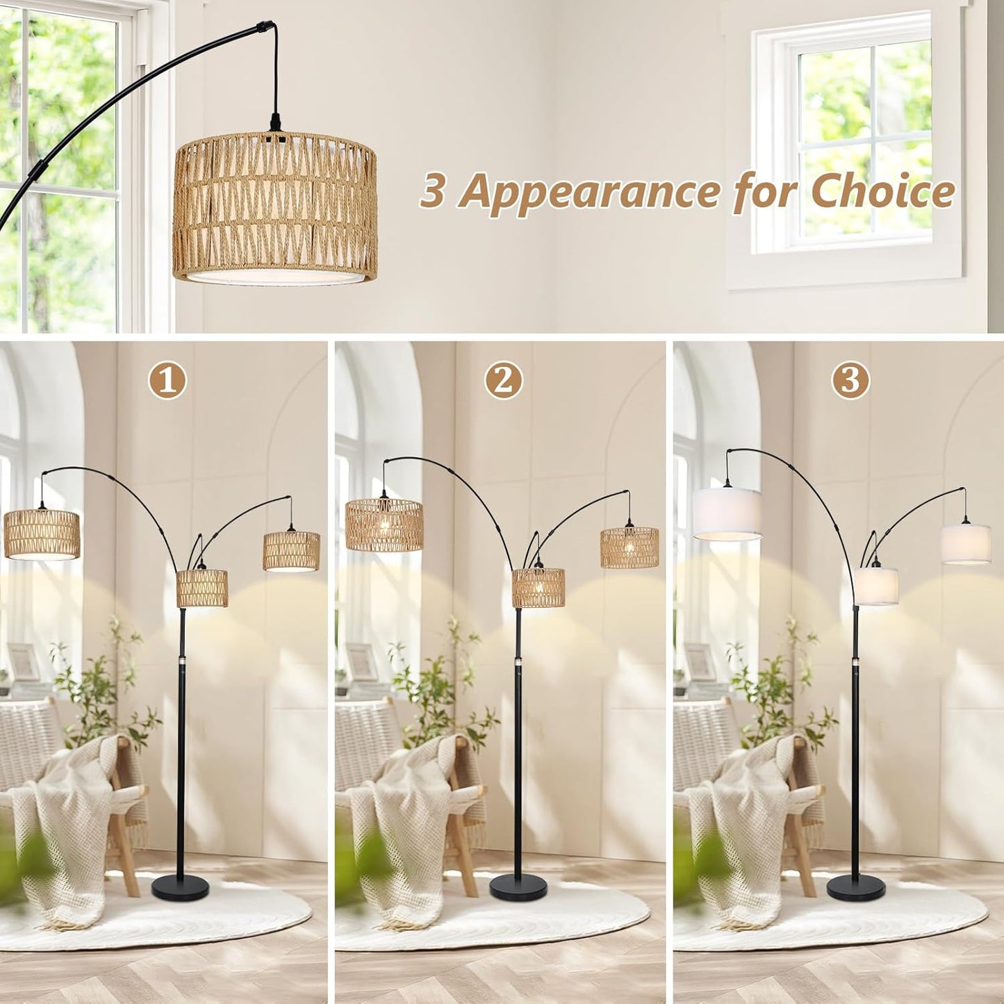 Airposta Black Arc Floor Lamps for Living Room, Farmhouse Boho Floor Lamp for Bedroom, Industrial Standing Lamp for Office, Dimmable Tall Lamp with Rattan Lampshades, Reading Arched Light