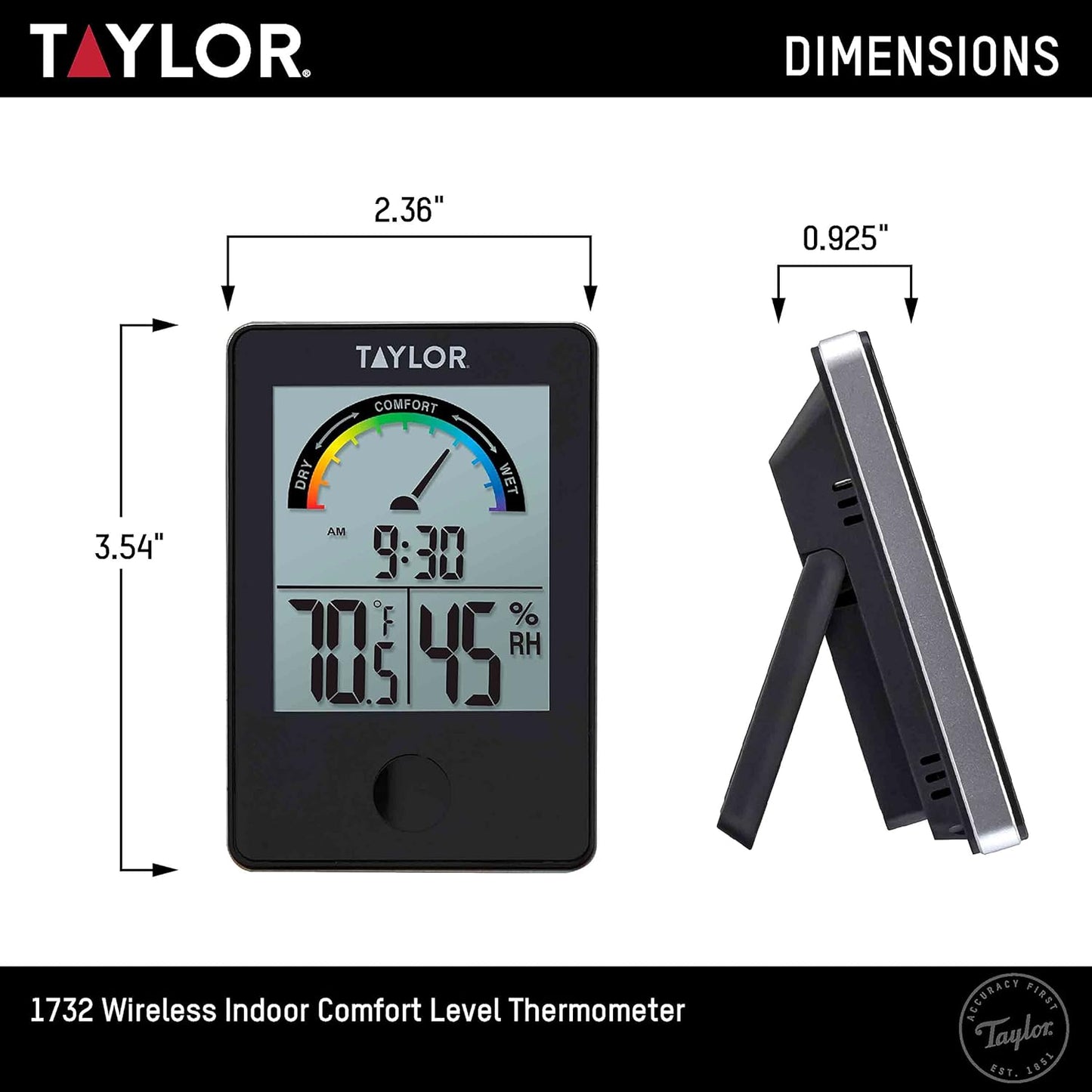 Taylor Digital Wireless Indoor Comfort Level Thermometer and Hygrometer, Easy-to-Read Display for Home, Office, Greenhouse, Nursery, and Indoor Areas, Black
