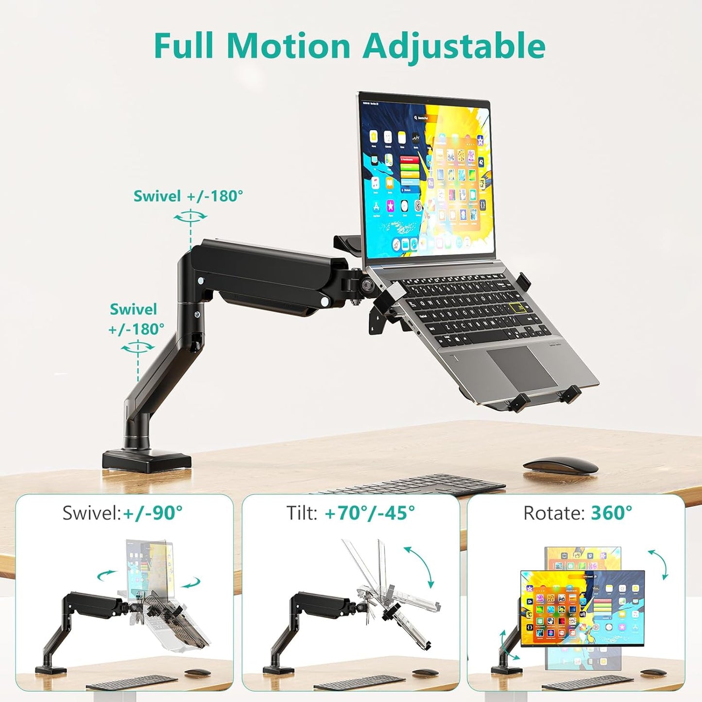 WALI Single Arm Laptop and Monitor Desk Mount for 17" Notebook and Single Screen, 2-in-1 Adjustable Gas Spring Monitor Arm with Laptop Tray, VESA 75x75 100x100,Holds 22-26.4 lbs, Black (GSMP001NLP)