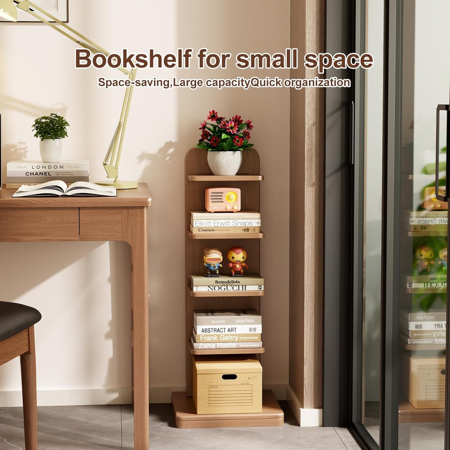 WoodsWhisper Narrow Bookshelf Ladder Bookshelf 5 Shelf Bookcase, Mid Century Modern Bookcase with Freestanding Display Shelves,Anti-tip Device and Thickened Base for Small Space,Living Room, Office