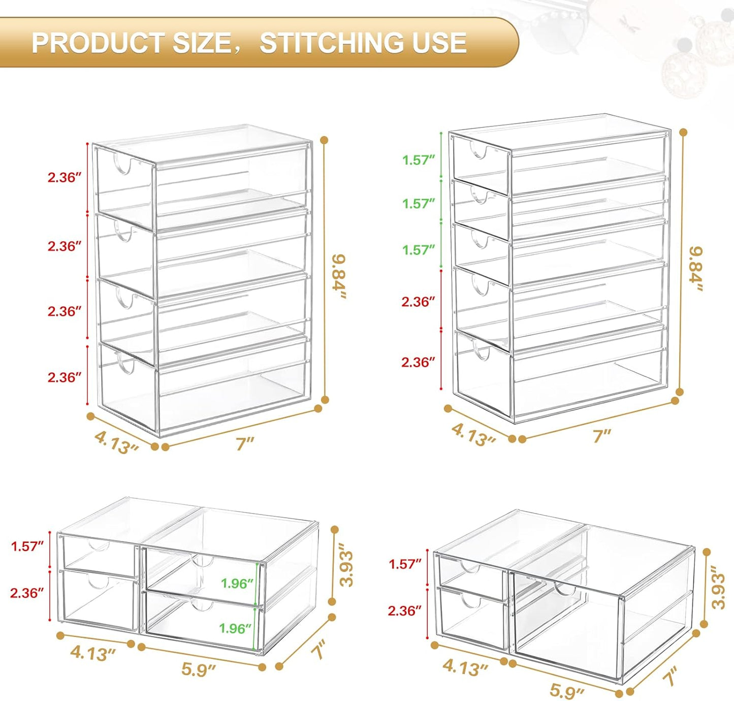 Makeup Organizer Storage with 16 Drawers, 4 Pcs Desktop Office Supplies, Desk Organizers, Clear Accessories, Dustproof Storage Drawer and for Make Up, Jewelry, Pen, Stationary