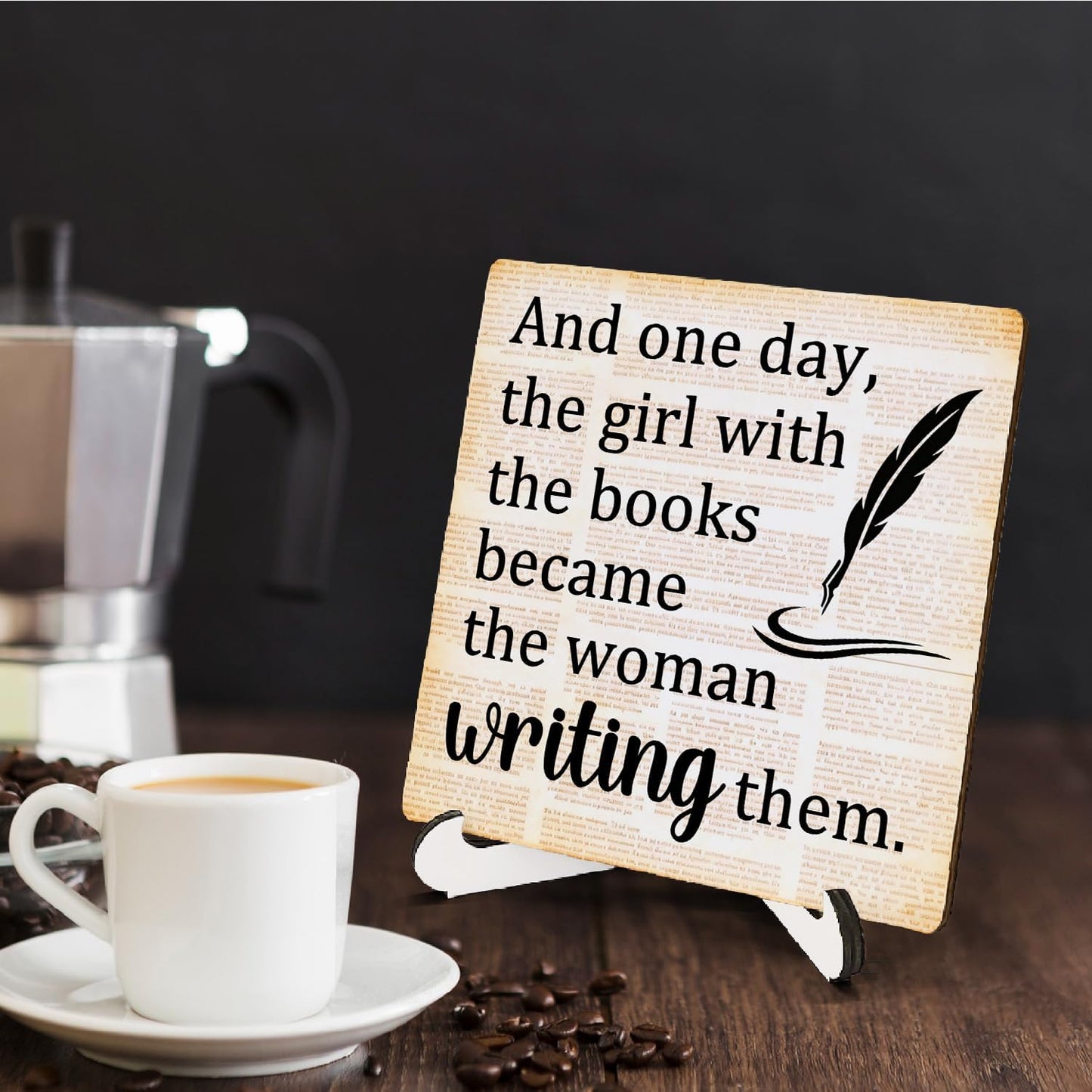 Writer Gifts Wooden Stand Sign 5x5 Inch, the Girl with the Books Became the Woman Writing Them Wood Plaque Sign for Writing Room Office Workshop Desk Table Shelf Counter Decorations