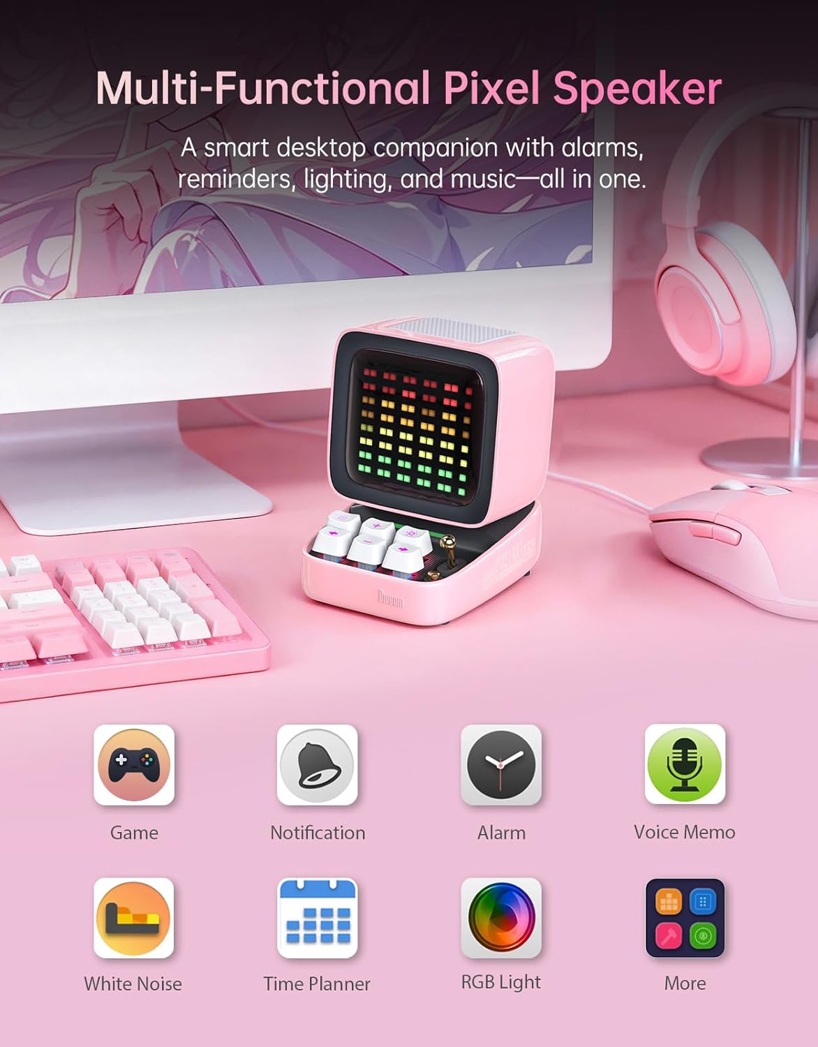 Divoom Ditoo Retro Pixel Art Game Bluetooth Speaker with 16X16 LED App Controlled Front Screen (Pink)