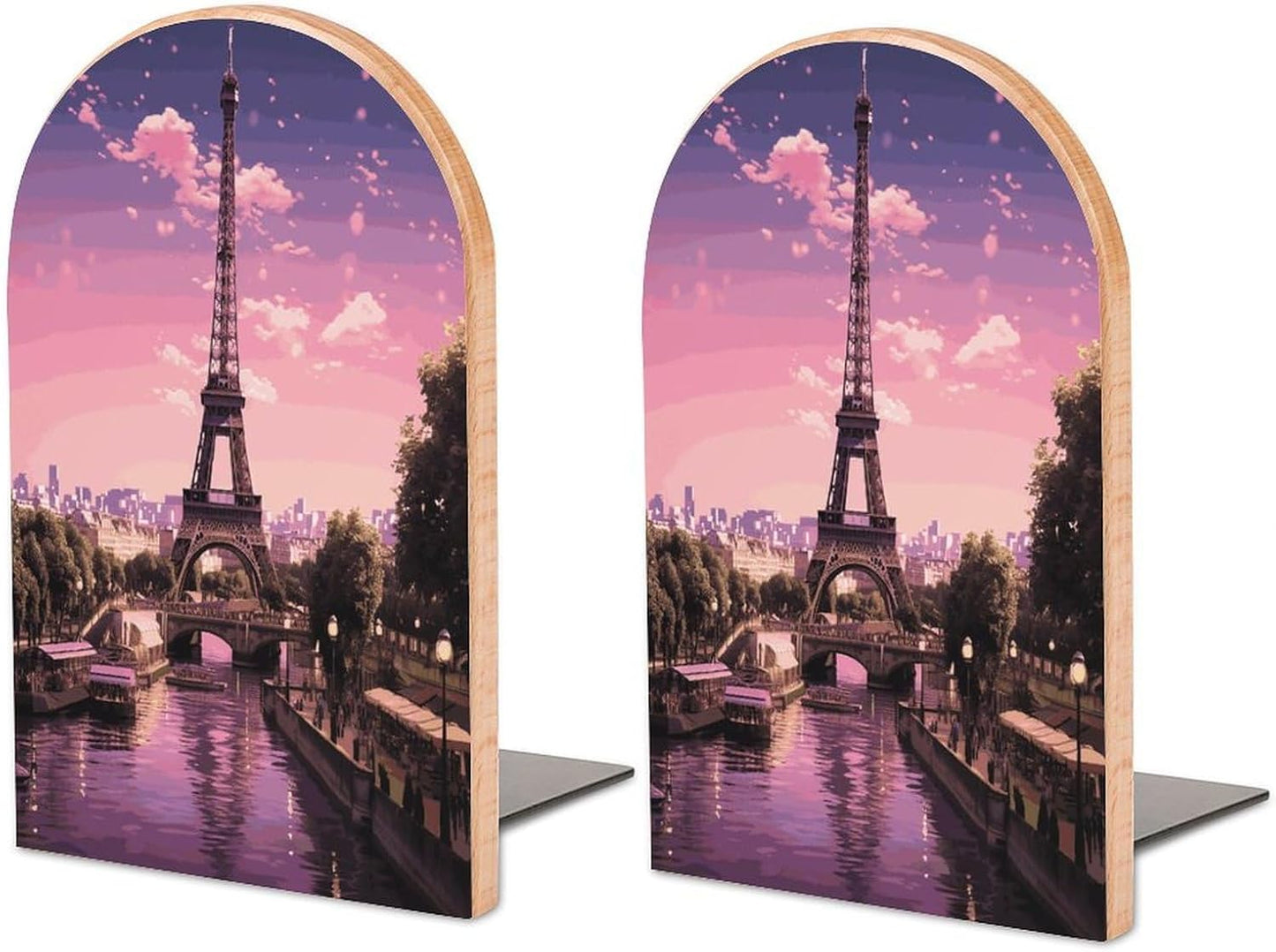 Pink Paris Bookend for Shelves Wooden Book End Large Size Sturdy Book Holders Stoppers with Metal Base for Bookshelves Slick Decorative Bookends Stands