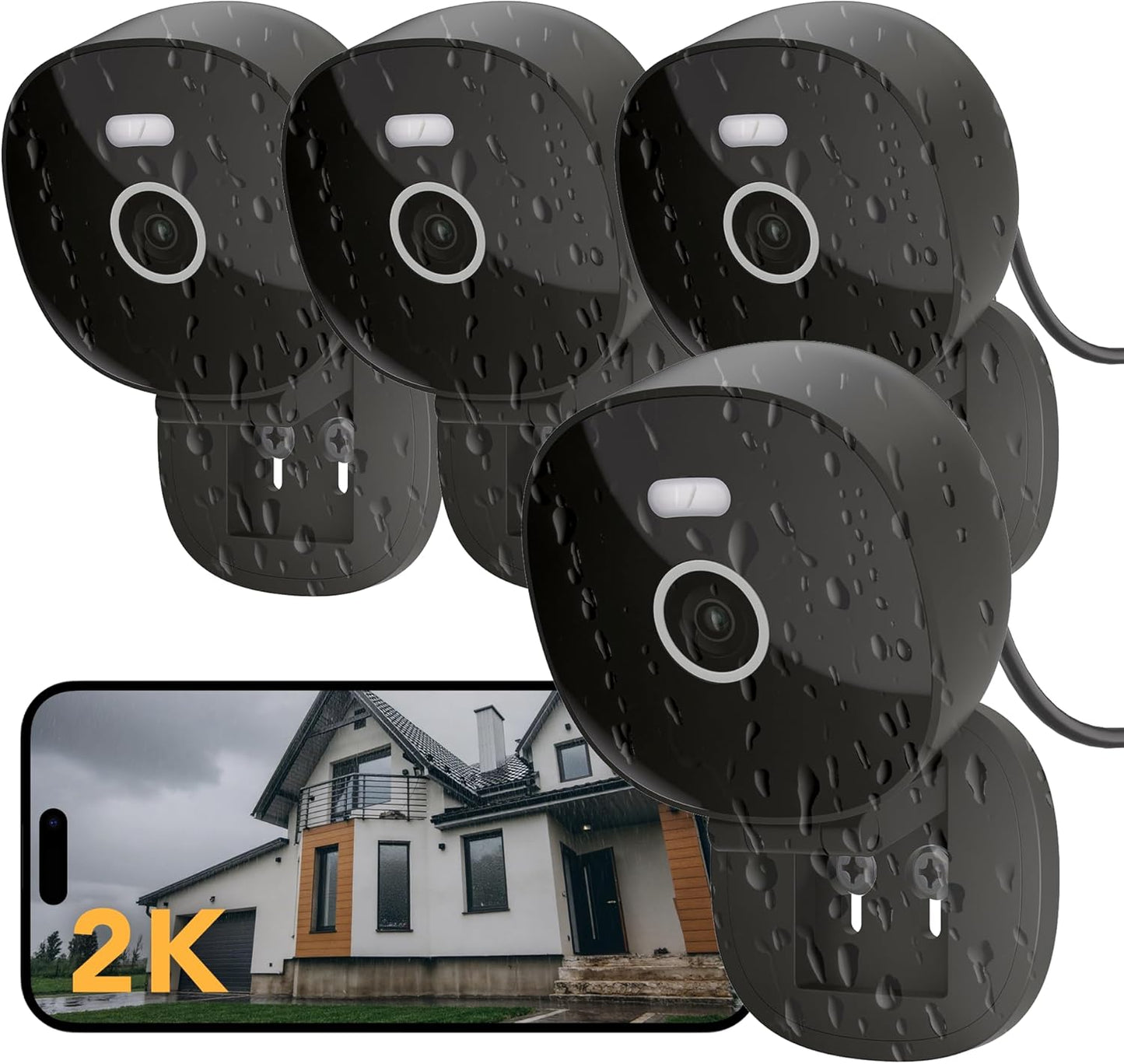 2K Security Camera Wired, Outdoor/Indoor for Home, Pet, Baby, Nanny, IP65 Waterproof Color Night Vision, White Light & Siren, Recording, Motion Detection, Compatible with Alexa,Black-4P