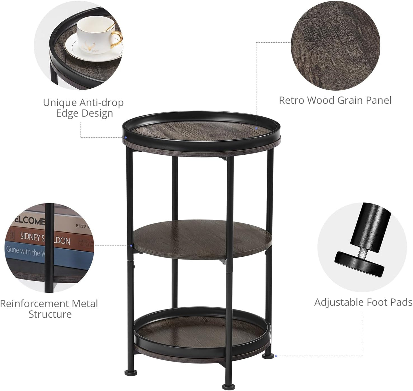 Dulcii Side Table, Round End Table with 3 Shelves for Living Room, Bedroom, Nightstand with Steel Frame for Small Spaces, Industrial Round Sofa Table, Outdoor Accent Coffee Table, Grey