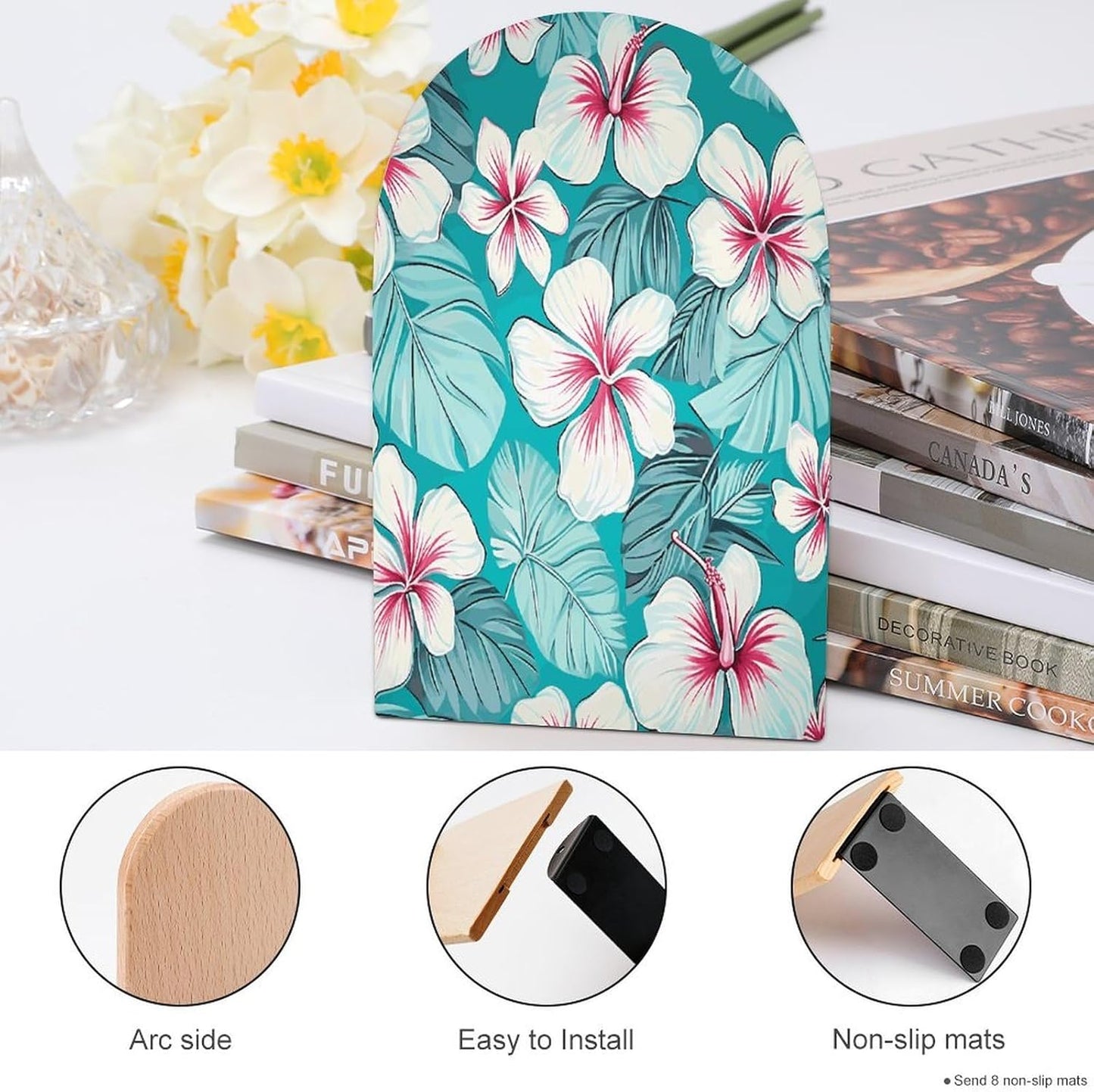 Tropical Hibiscus Flowers Bookend for Shelves Wooden Book End Large Size Sturdy Book Holders Stoppers with Metal Base for Bookshelves Slick Decorative Bookends Stands