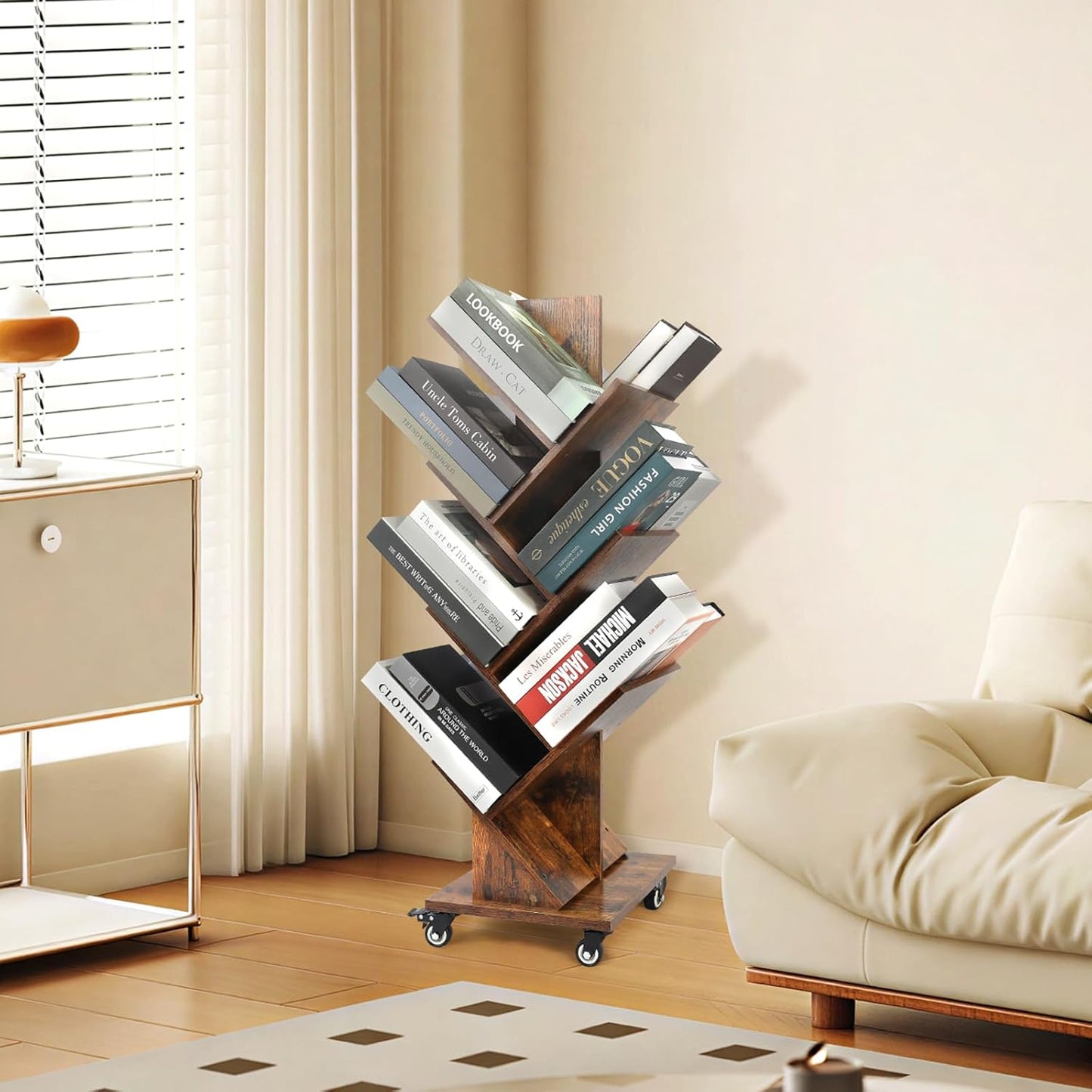 Homaterial Rotating Tree Bookshelf - 360°Space-Saving Bookcase, 7 Tiers Bookshelf Aesthetic Storage for Small Spaces, Study Rooms, & Home Office Brown