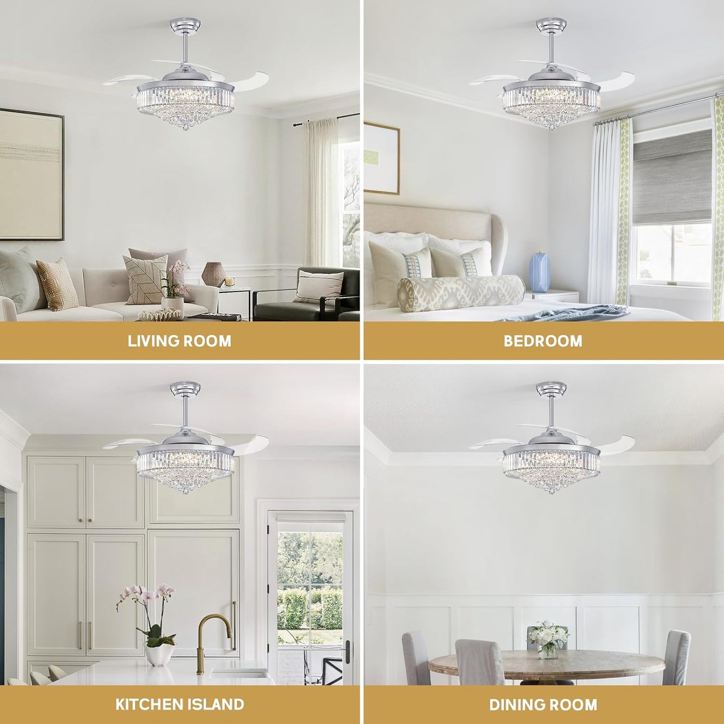 52 Inch Fandelier Ceiling Fan with Lights and Remote, Dimmable Crystal Chandelier Fan, LED Crystal Fan Light Kit for Dining Room Bedroom-Chrome