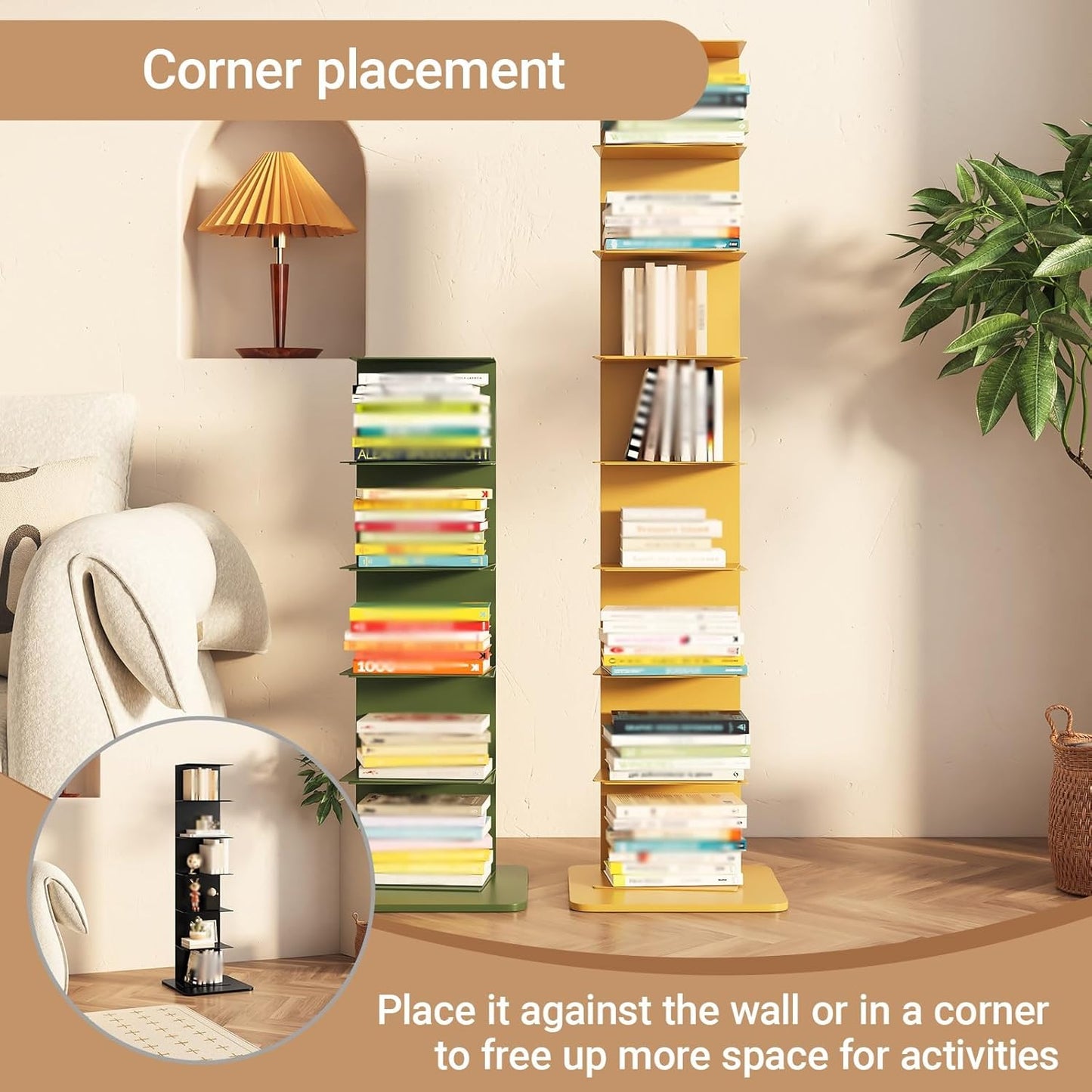 Modern Open Metal Spine Bookcase Tower with Baffles for Book Organizer Freestanding Narrow Display Bookshelf for Small Space for Living Room, Bedroom，Office(White,9-Layer)