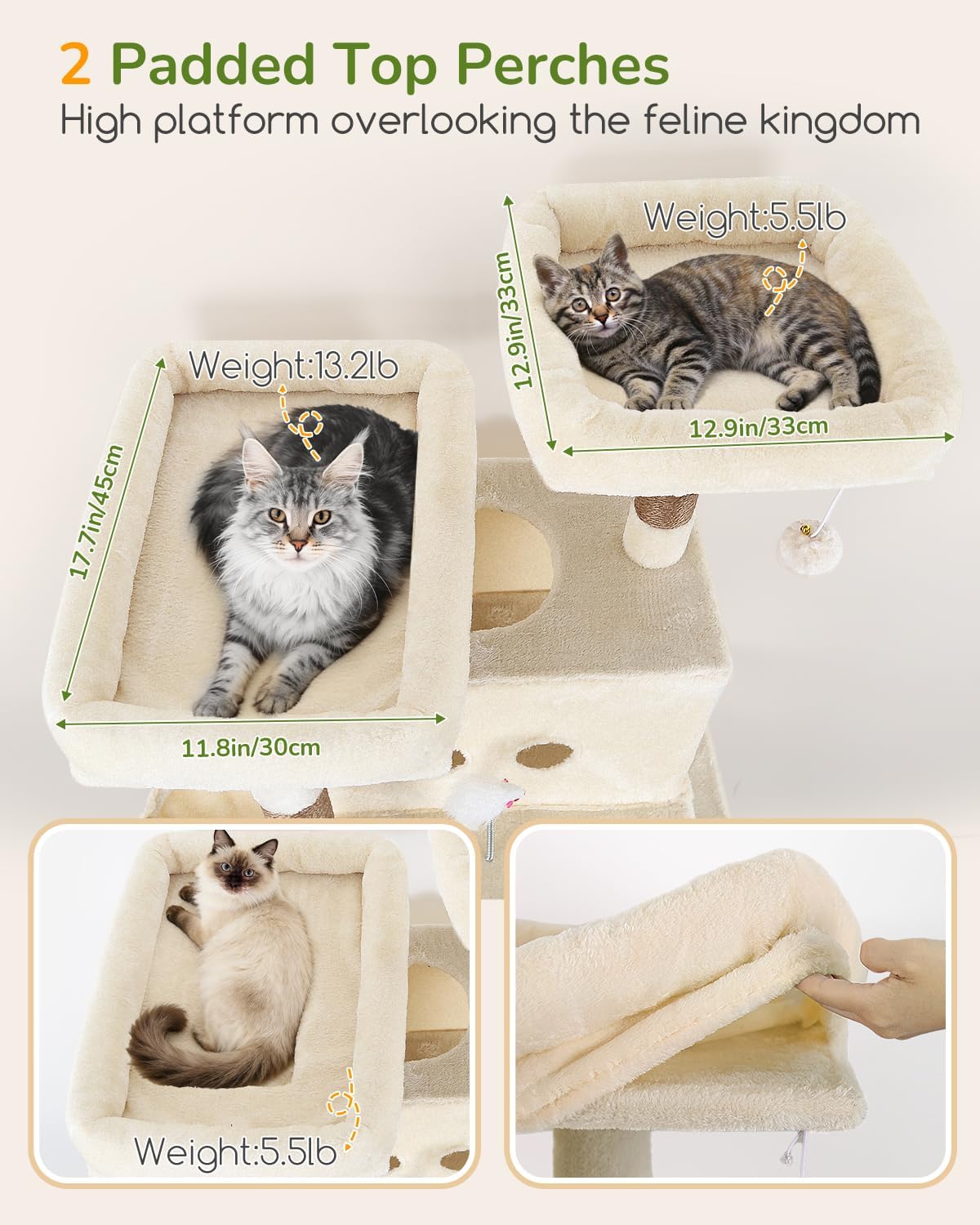 Globlazer Heavy Duty Cat Tree Tower 80in Tall Extra Large Cat Tree Tower for Multiple Indoor Cats Large Adult with Scratching Posts, 2 Spacious Condos, Padded Perches, Soft Hammock, S80B, Beige