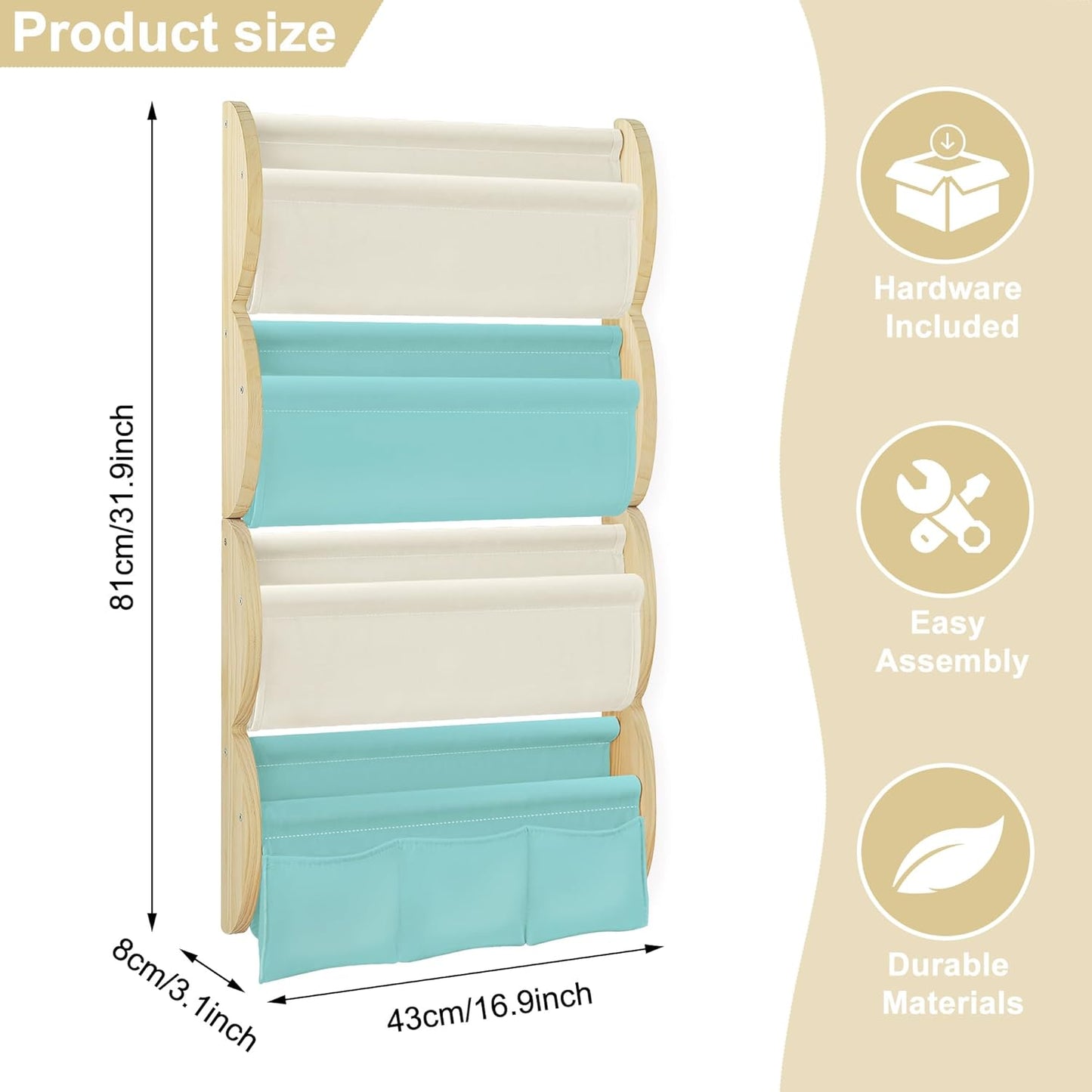 Wooden Wall Mounted Bookshelf for Kids Rooms, 4 Tier Floating Nursery Book Shelf, Kids Bookshelf with 2 Pockets, Toddler Sling Book Rack with Deep Sleeves (Blue)