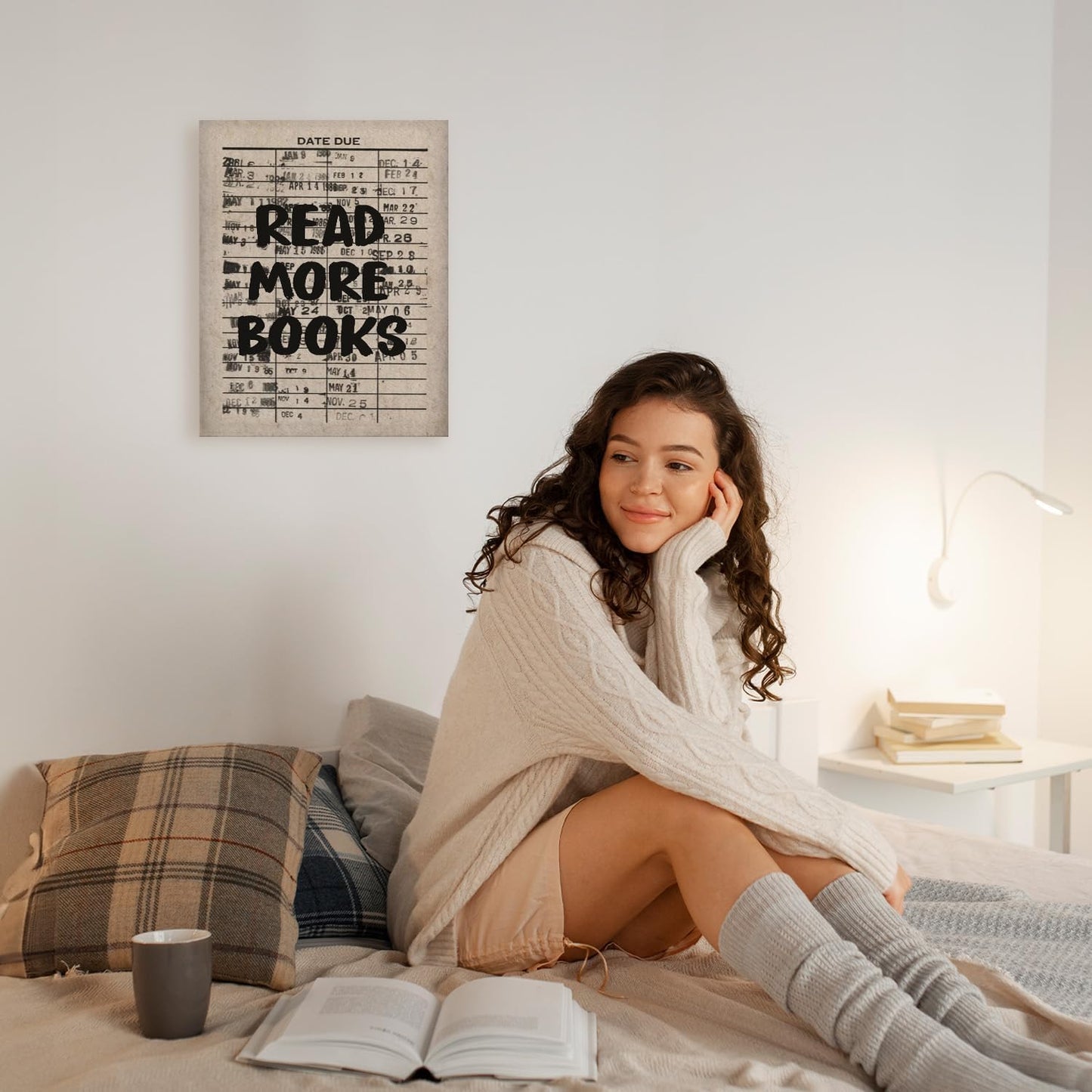 APJYM Trendy Retro Read More Books Wall Art, Library Reading Nook Corner Decor, Vintage Library Date Due Canvas Wall Art for Classroom Girls Room Dorm Reading Room, 11x14 Inches Framed