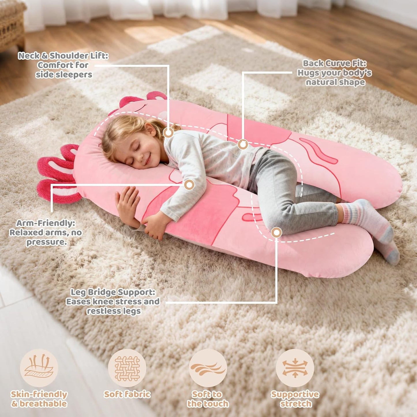 IFOYO Axolotl U-Shape Kids Body Pillow, 43" Minky Kids Full Body Pillow for Sleeping, Reading, ADHD & Sensory Relief, Kid Animal Cuddle Pillows Washable Cover Snuggle Fun Hug Gift for Boys & Girls