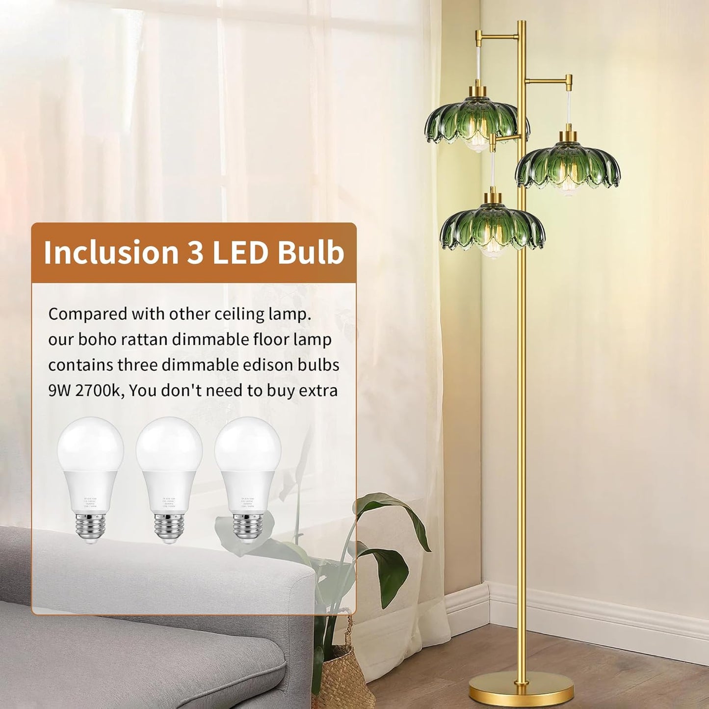 Gold Floor Lamp for Living Room Bedroom,Modern Floor Lamps with Unique Green Glass Shades,3 Lights Mid Century Tall Standing Lamp,Vintage Tree Flower Floor Lamp for Corner Office Reading