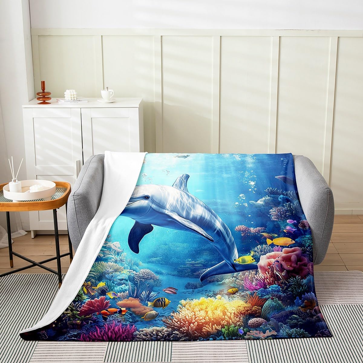 Castle Fairy 3D Dolphin Flannel Blanket,Ocean Coral Fish Blankets for Kids Boys Girls Teens Room Decor,Tropical Sealife Animals Fleece Blanket Underwater World Sherpa Blanket,for Chair/Sofa,90"×90"