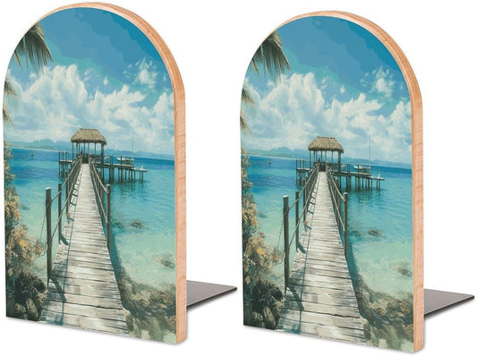 Tropical Pier Wooden Bookend Non-Slip Book Ends Heavy Duty Book Stopper with Metal Base Books Holderd Decorative Bookends Stands Firmly for Office Supplies