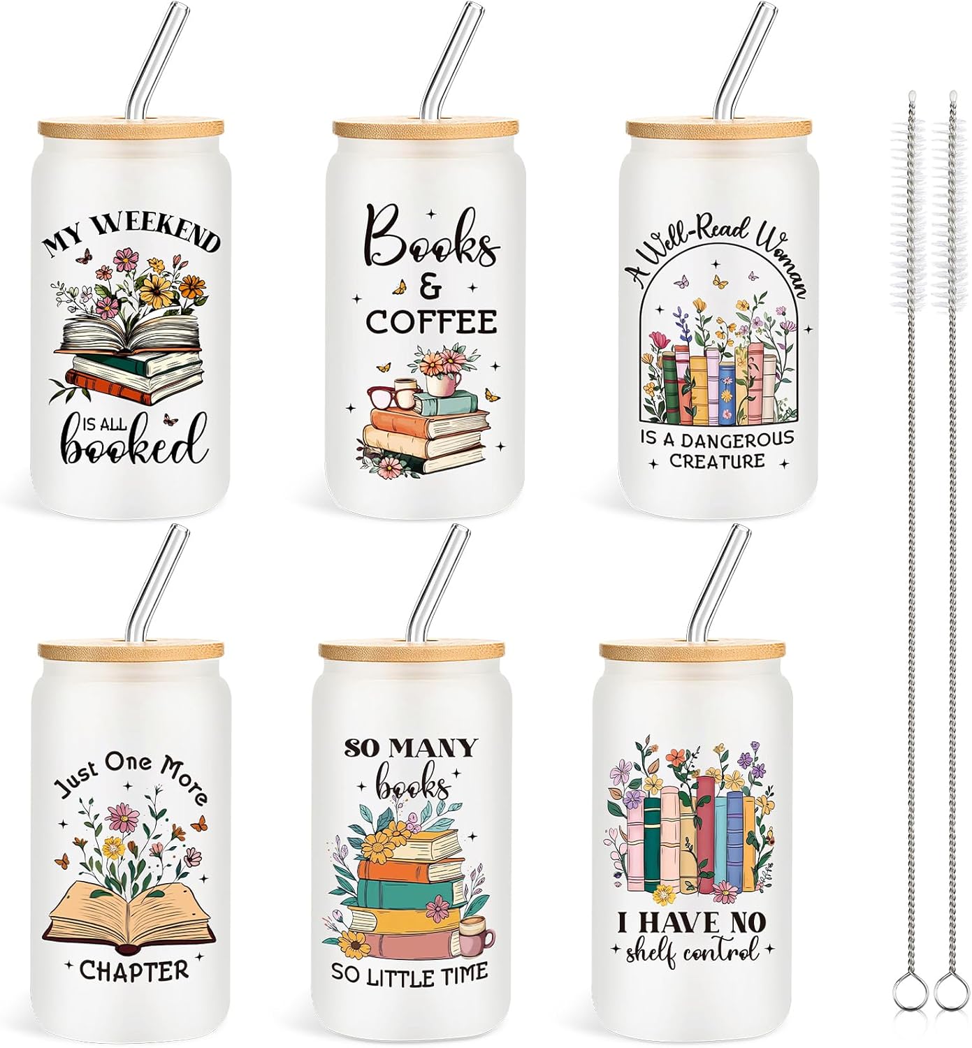 6 Pcs Christmas Book Bookish Lovers Gifts for Women Readers 16 oz Glass Cups with Lids Straws Book Club Librarian Appreciation Christmas Birthday Gifts (White)