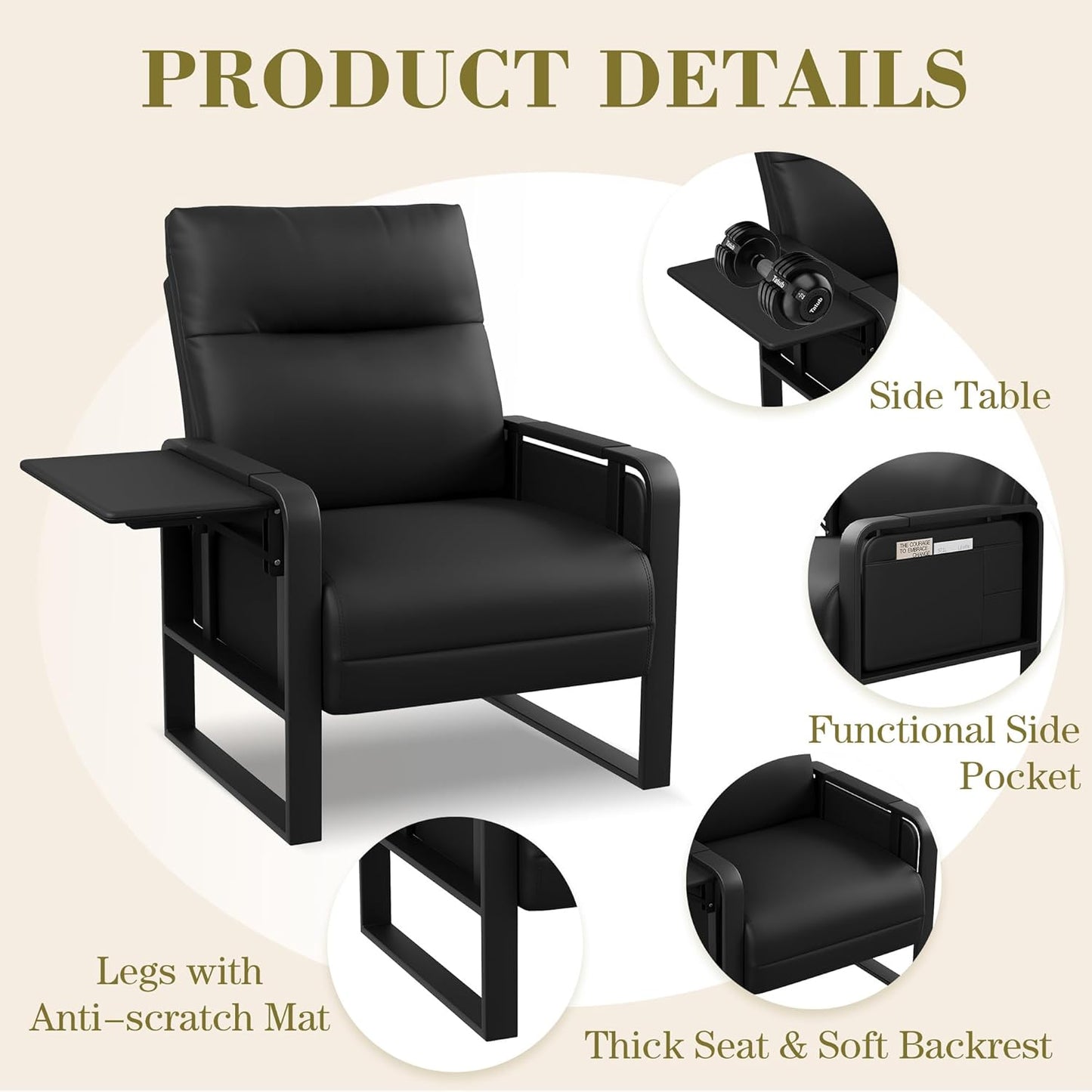 Modern Black Accent Chair PU Leather Upholstered Armchair with Foldable Side Table for Bedroom Living Room Chairs Office Chair