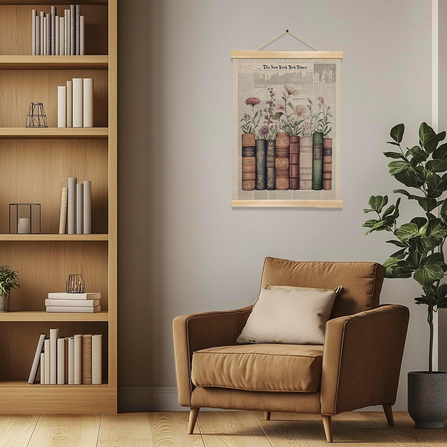 Vintage Book and Newspaper Posters, Retro Floral Wall Art with Wooden Hanger, Reading Corner Decor for Reading Nook, Bookish, Library,Book nook decor 14x18.5inch (BK013)