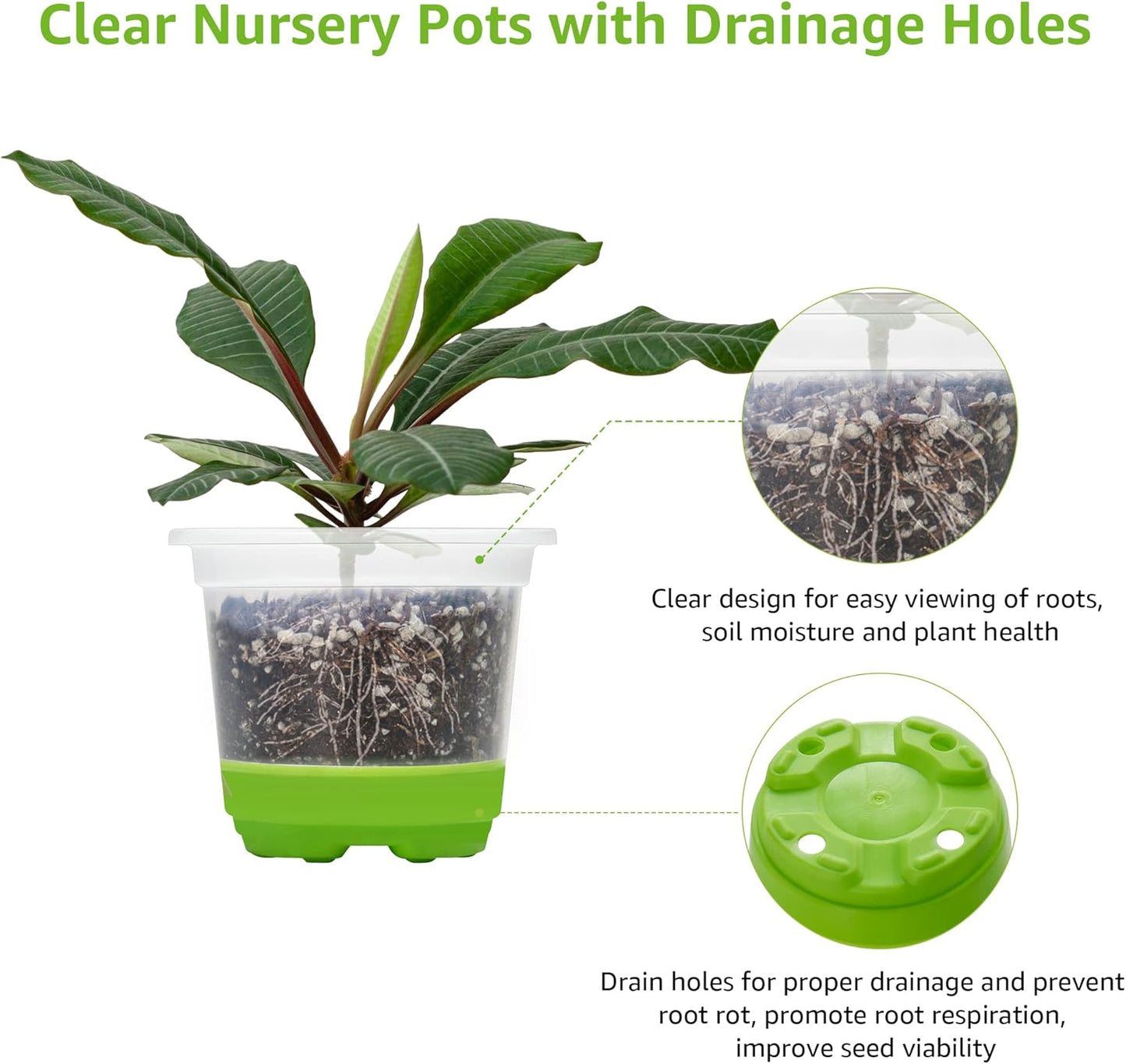 MIXC Thickened Clear Nursery Pots with Silicone Base for Easy Transplant 30 Packs 4 Inch, Transparent Plant Pot Reusable Seedling Pots for Vegetable Propagation, Root Cutting, Seed Starting, Green