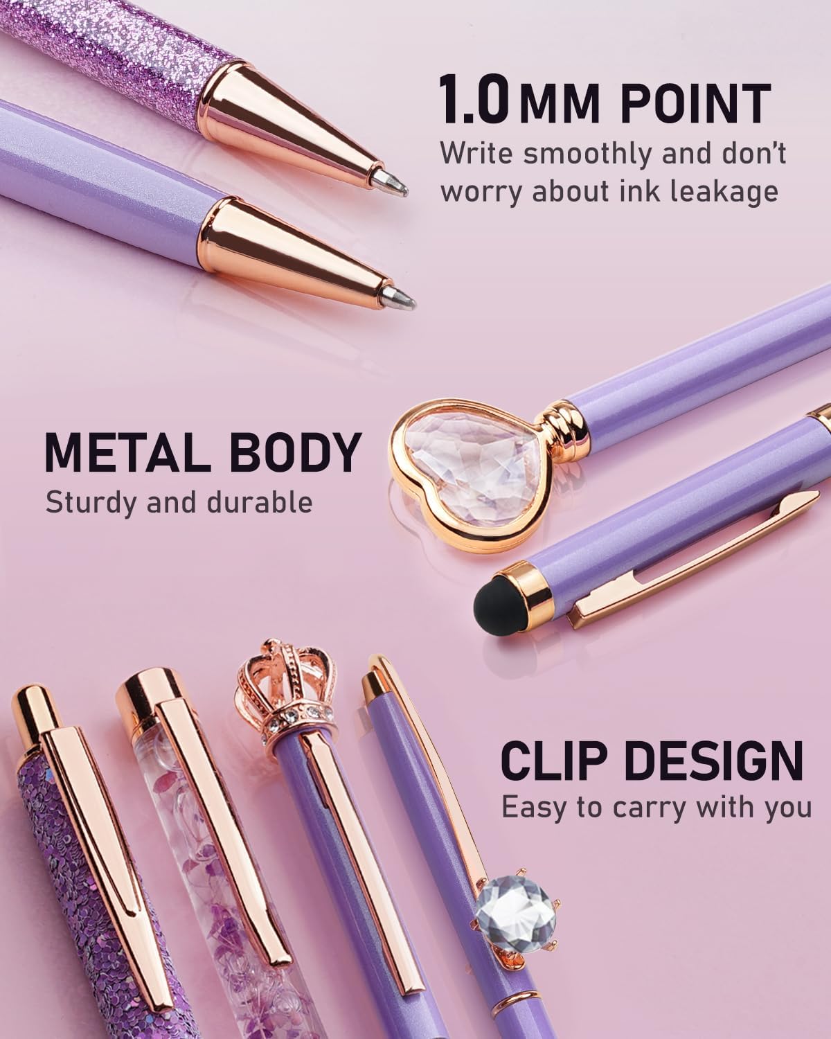 WEMATE 8Pcs Purple Pens, Metal Crystal Diamond Pen with Black & Blue Ink, Pens for Journaling, Office Supplies Fancy Pens for Women, Back to School Supplies for Girls Birthday (Purple)