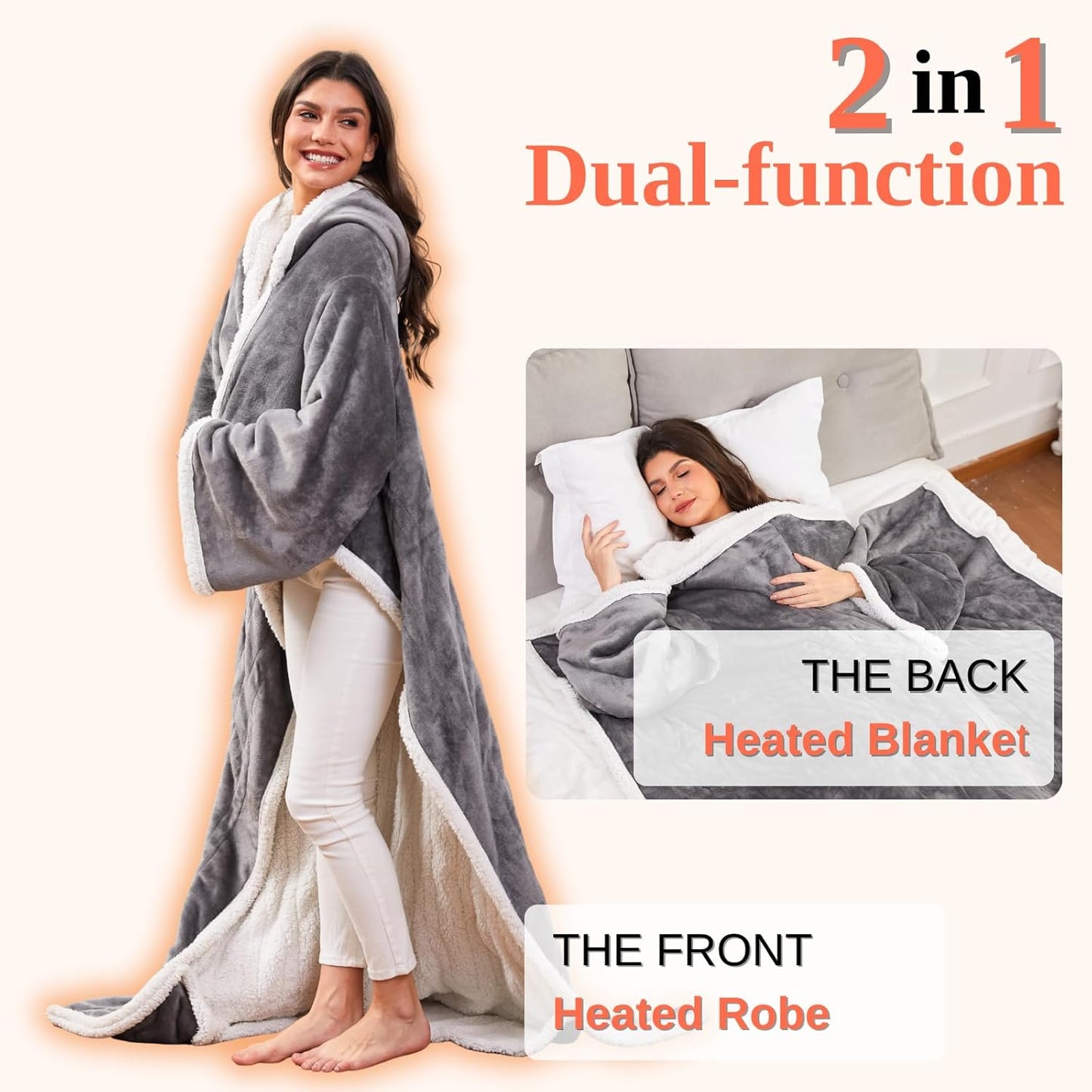 Wearable Heated Blanket with Foot Pocket Sleeves, Heated Robe Heated Snuggie, 6 Heating Levels 4 Hours Auto-Off, Overheat Protection Machine Washable, 50”x70”, Grey