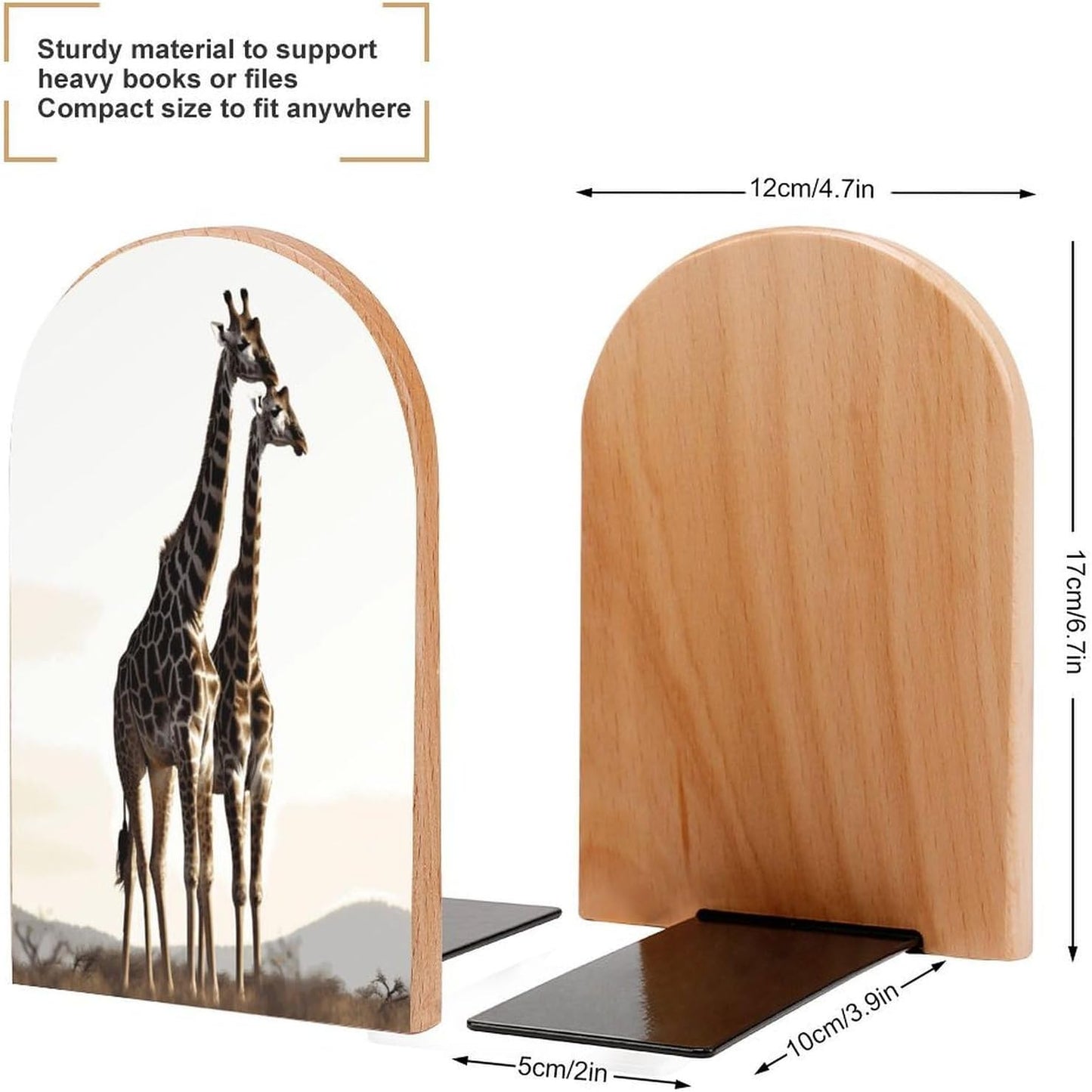 Non-Slip Bookend for Shelves African Giraffe Wooden Bookends with Metal Base Decorative Book Stopper for Home Heavy Duty Wood Book Storage for Books/CDs