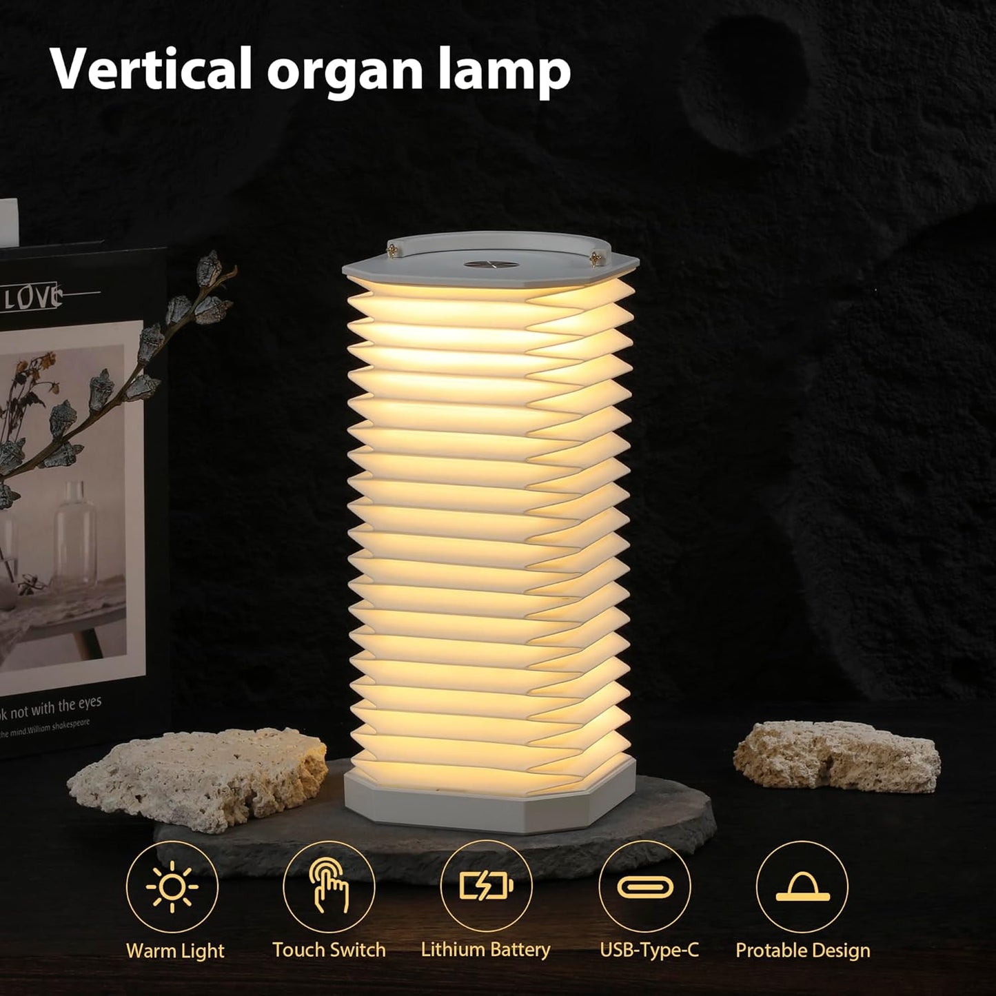 Portable Paper Lamp,White Accordion Desk Lamp,Japanese Lanterns lamp for Home Decoration and Gift,Dimmable Bedside Lamp,1200mAh USB Powered Night Light for Bedroom,Office,Reading （White