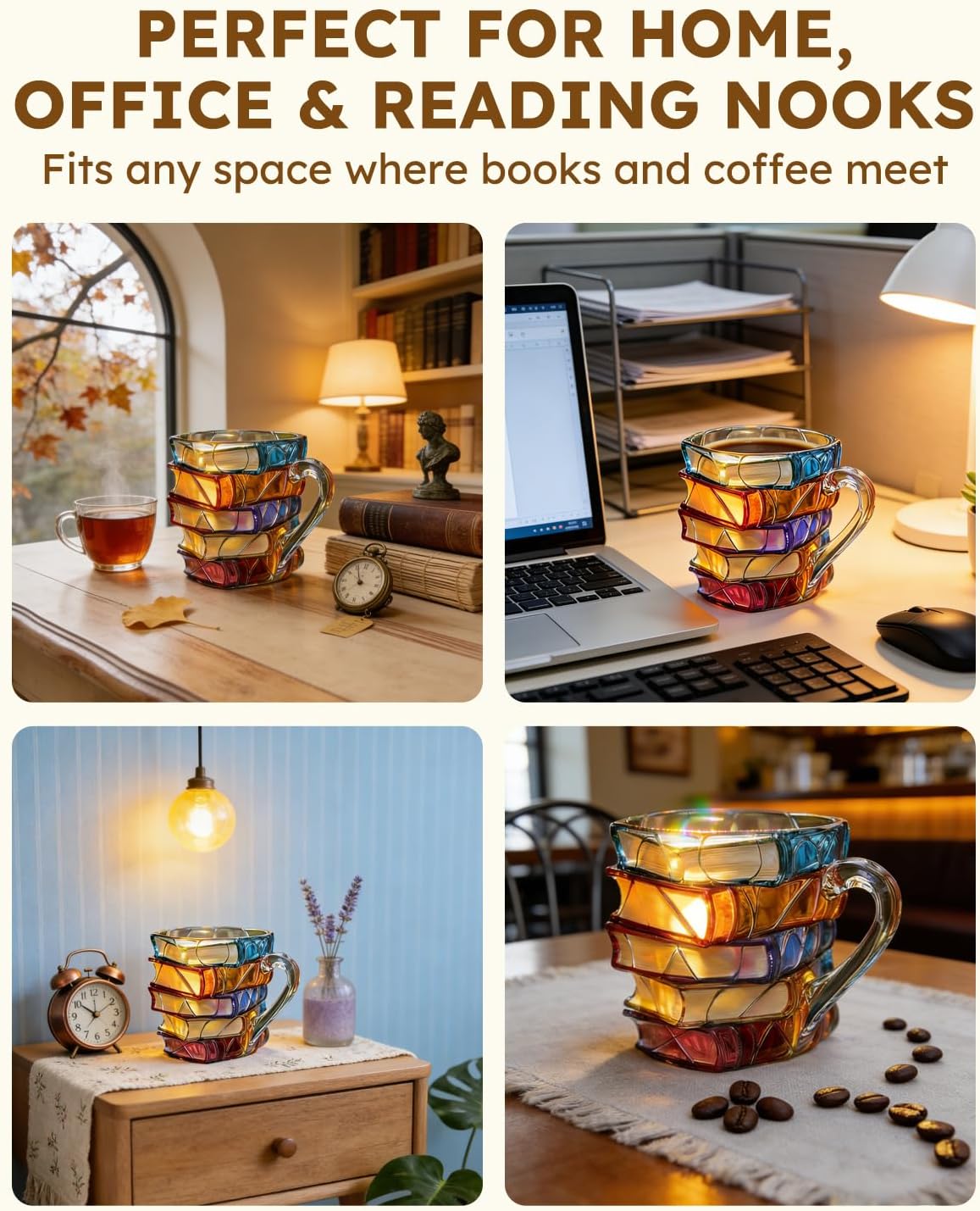2PCS Chapter Book Mug Glass 3D Book Mugs Birthday Gift For Women Stained Glass Cups with Stack Design Artistic Reading Coffee Cup Unique Literary Friendship Gifts for Women Friends & Readers
