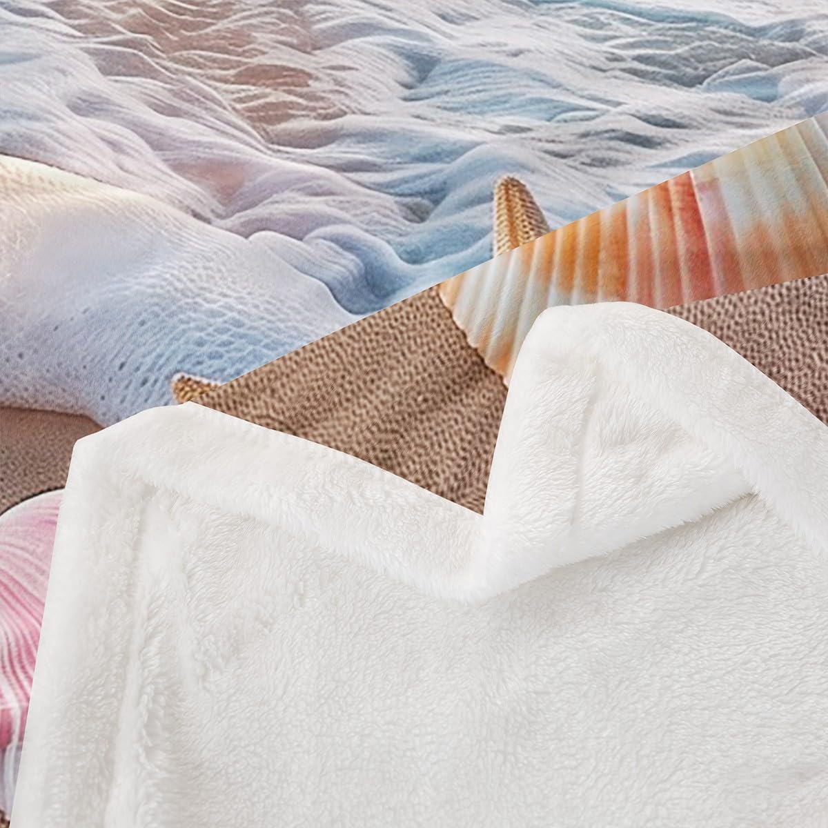 Erosebridal Ocean Beach Sherpa Blanket Throw 50x60 Sea Wave Pink Starfish Shell Fleece Blanket Sunrise Tropical Landscape Fuzzy Plush Throw Coastal Scenery Pink White Decor