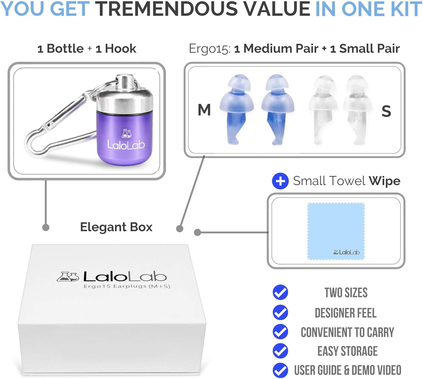 Ear Plugs for Sleeping by LaloLab | 2 Sizes Comfortable Reusable Noise Cancelling Earplugs for Sleep, Snoring, Travel & Work | Up to 28 dB NRR | Case & Gift Box | 2 Pairs, Medium & Small
