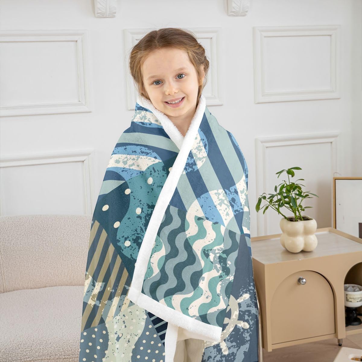 Ocean Nautical Soft Cozy Fleece Blankets Geometric Grid Stripes Fleece Flannel Throws Anchor Rudder Sea Wave Throw Blankets Buffalo Lattice Polka Dot for Sofa Bed Couch,Throw 50x60 Inch