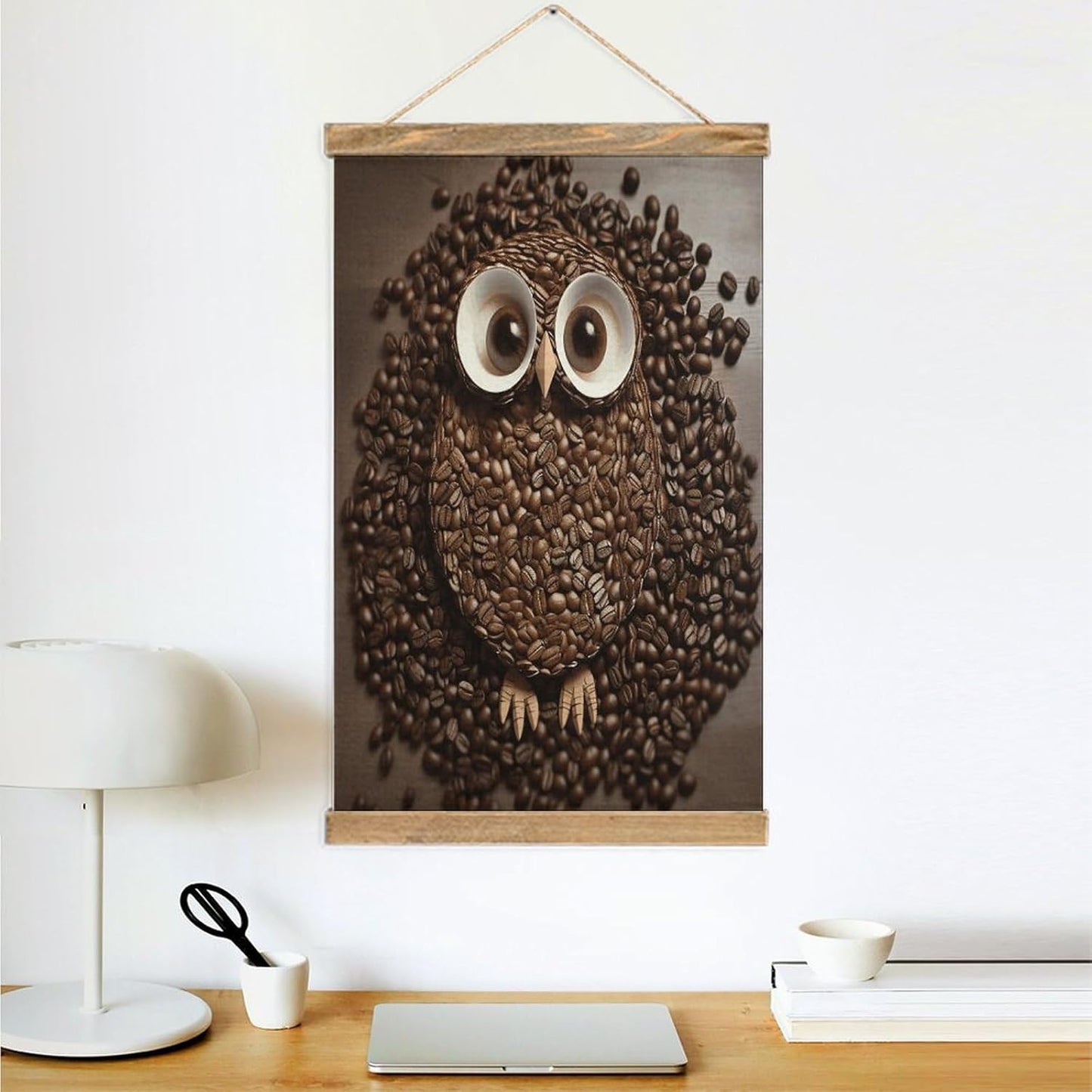 Vintage Coffee Bean Owl Poster with Wooden Frame Personalized Linen Hanging Scroll Painting Rustic Wall Hanging Illustrative Modern Artwork Decor for Home Living Room Bedroom Office