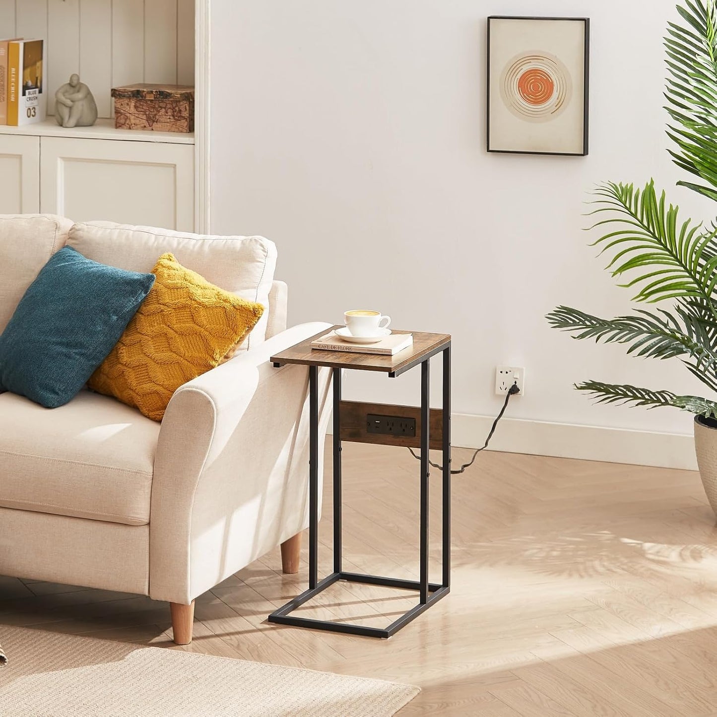 BUDOME C Shaped Side Table with Charging Station, End Table with Outlets, Sofa Table with USB C Ports, C Table with Premium Surface and Metal Frame for Living Room