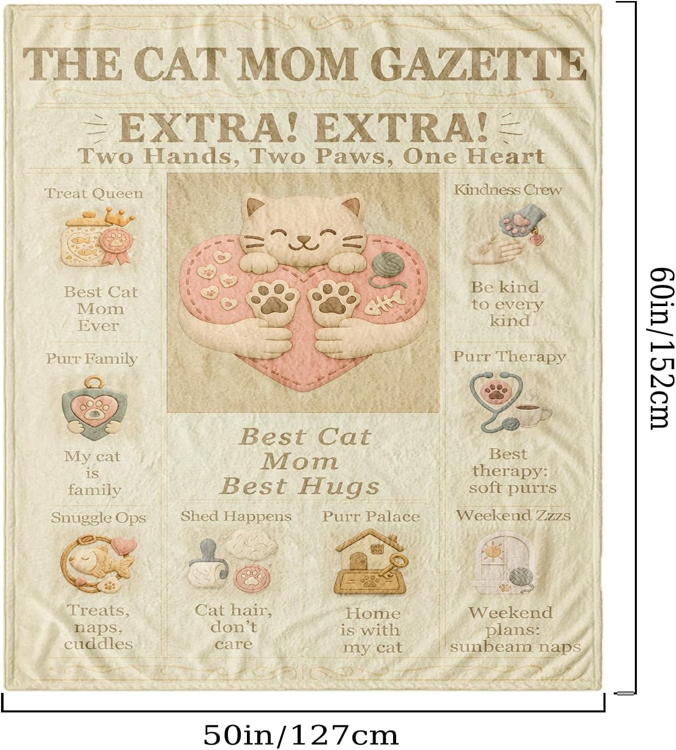 Cat Mom Blanket for Women, Kawaii Flannel Throw 60x50, Vintage Newspaper-Style Gazette, Cozy Kitty Sofa/Bed Decor, Gift for Cat Lovers, Birthday Christmas Mother’s Day