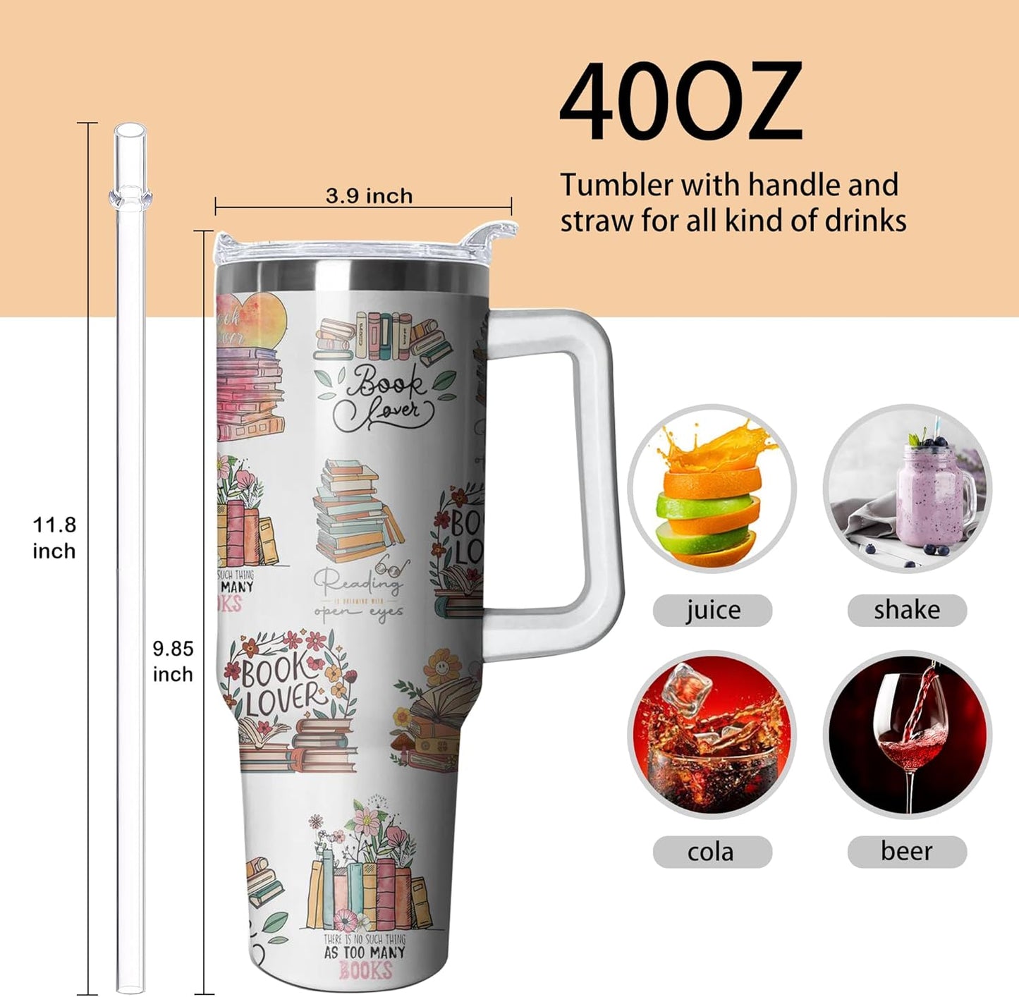 40oz Book Lovers Gifts Reading Tumbler with Lid and Straw for Women, Stainless Steel Insulated Cup, Coffee Mug Water Bottle for Bookworm Readers Librarian Bookish