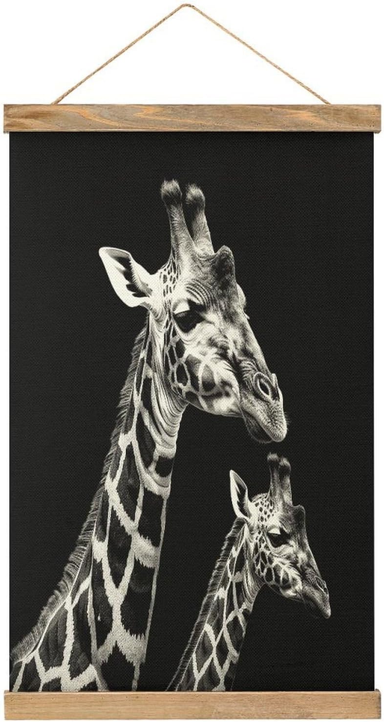 Vintage Black Giraffe Poster with Wooden Frame Personalized Linen Hanging Scroll Painting Rustic Wall Hanging Illustrative Modern Artwork Decor for Home Living Room Bedroom Office