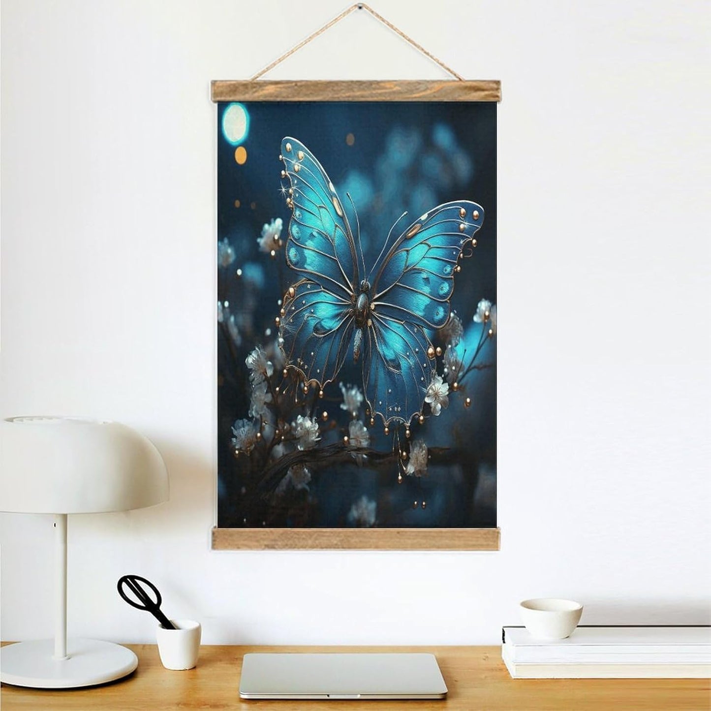 Vintage Blue Butterfly And Moon Poster with Wooden Frame Personalized Linen Hanging Scroll Painting Rustic Wall Hanging Illustrative Modern Artwork Decor for Home Living Room Bedroom Office
